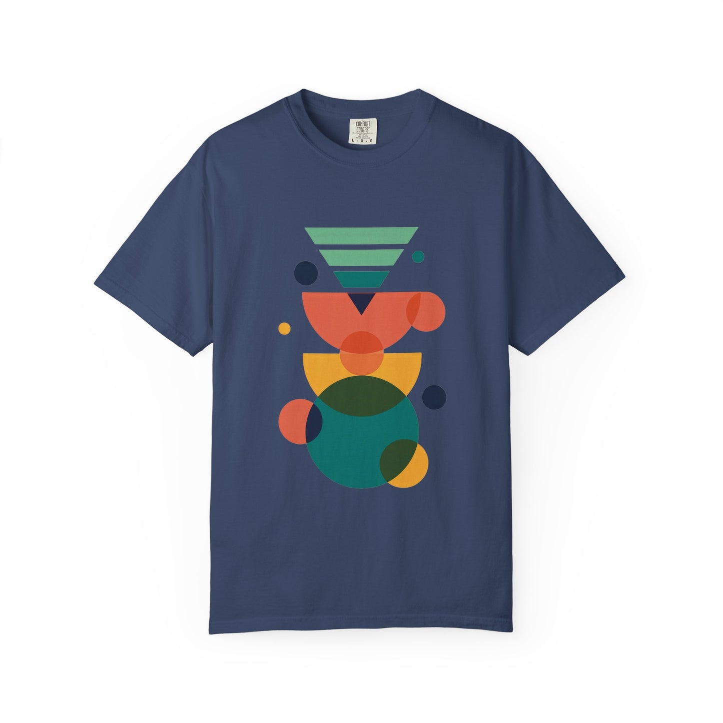 Geometric Abstract T-Shirt features colorful geometric shapes on a stylish unisex garment-dyed fabric, offering a trendy, artistic vibe. Ideal for comfort and versatility, aligning with FireBrook Essentials' uplifting style.