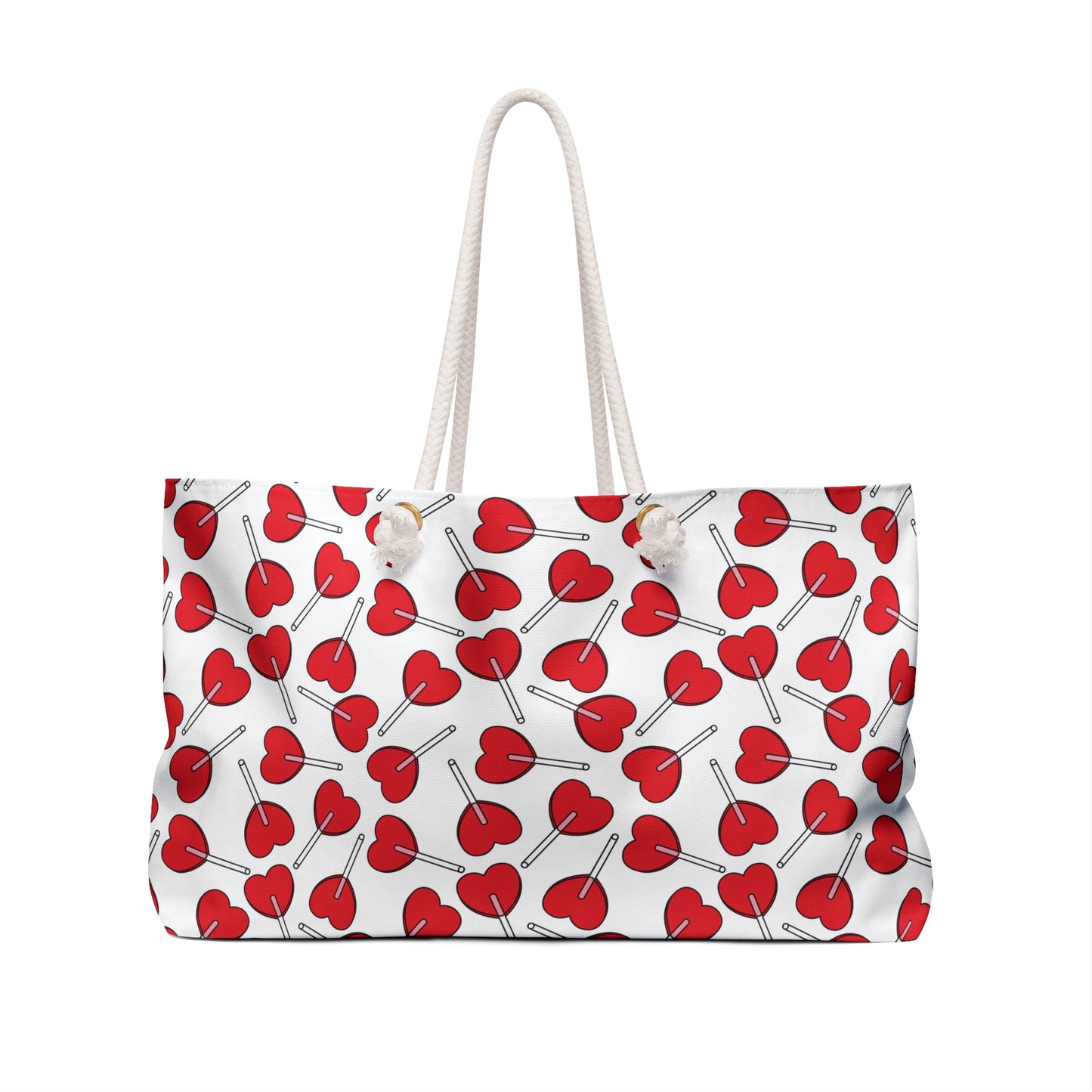 Weekender Bag - Heart Lollipops Design: A stylish, heart-themed shoulder bag featuring playful heart-shaped lollipops, perfect for romantic getaways or overnight trips, embodying FireBrook Designs' uplifting and joyful aesthetic.