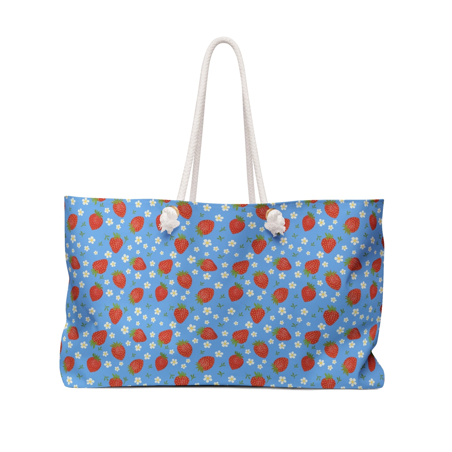 Weekender Bag with Strawberry Design featuring charming strawberries and white flowers, equipped with comfortable rope handles and a spacious interior, ideal for stylish summer trips and joyful getaways.