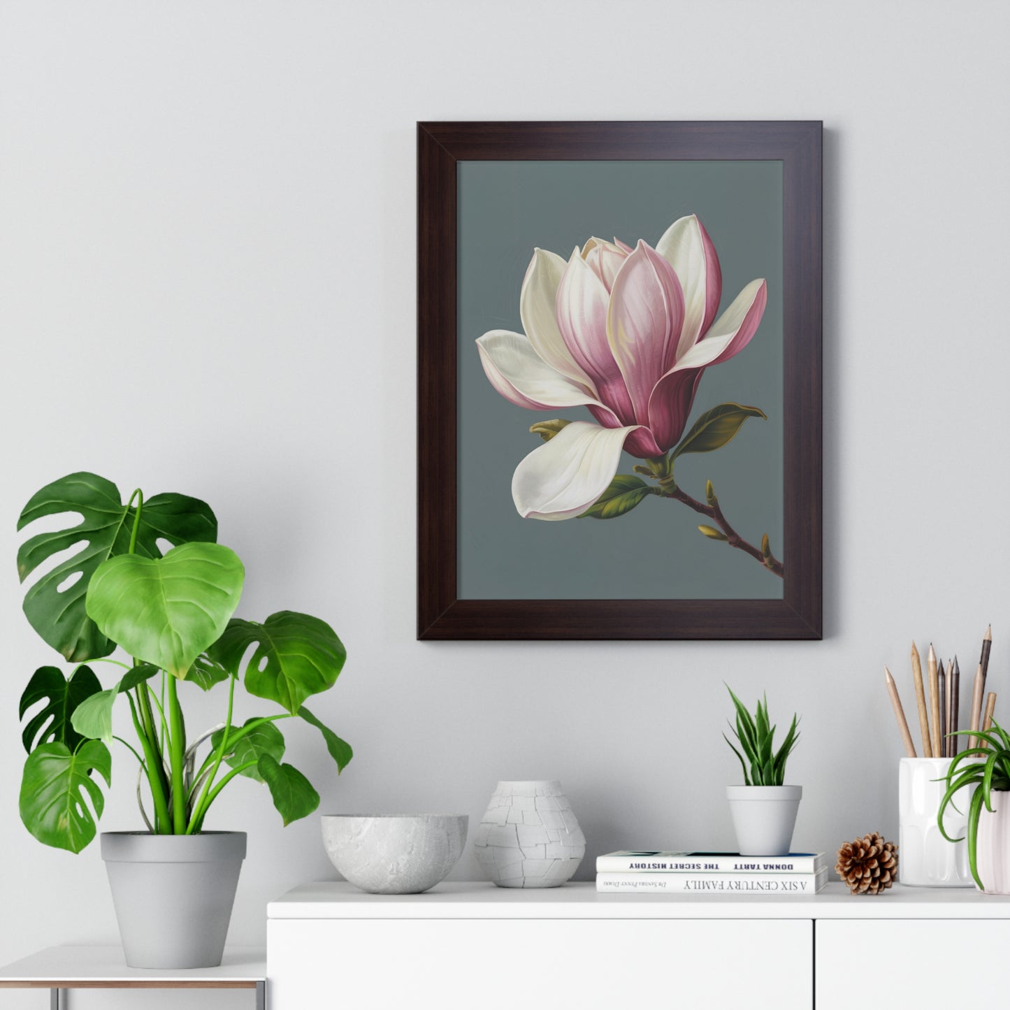 Vertical Poster - Magnolia Flower Design showcasing a detailed magnolia bloom, ideal for adding elegance to interiors. Perfect for nature enthusiasts, complements FireBrook Designs' uplifting, stylish decor collection. Frame options available.