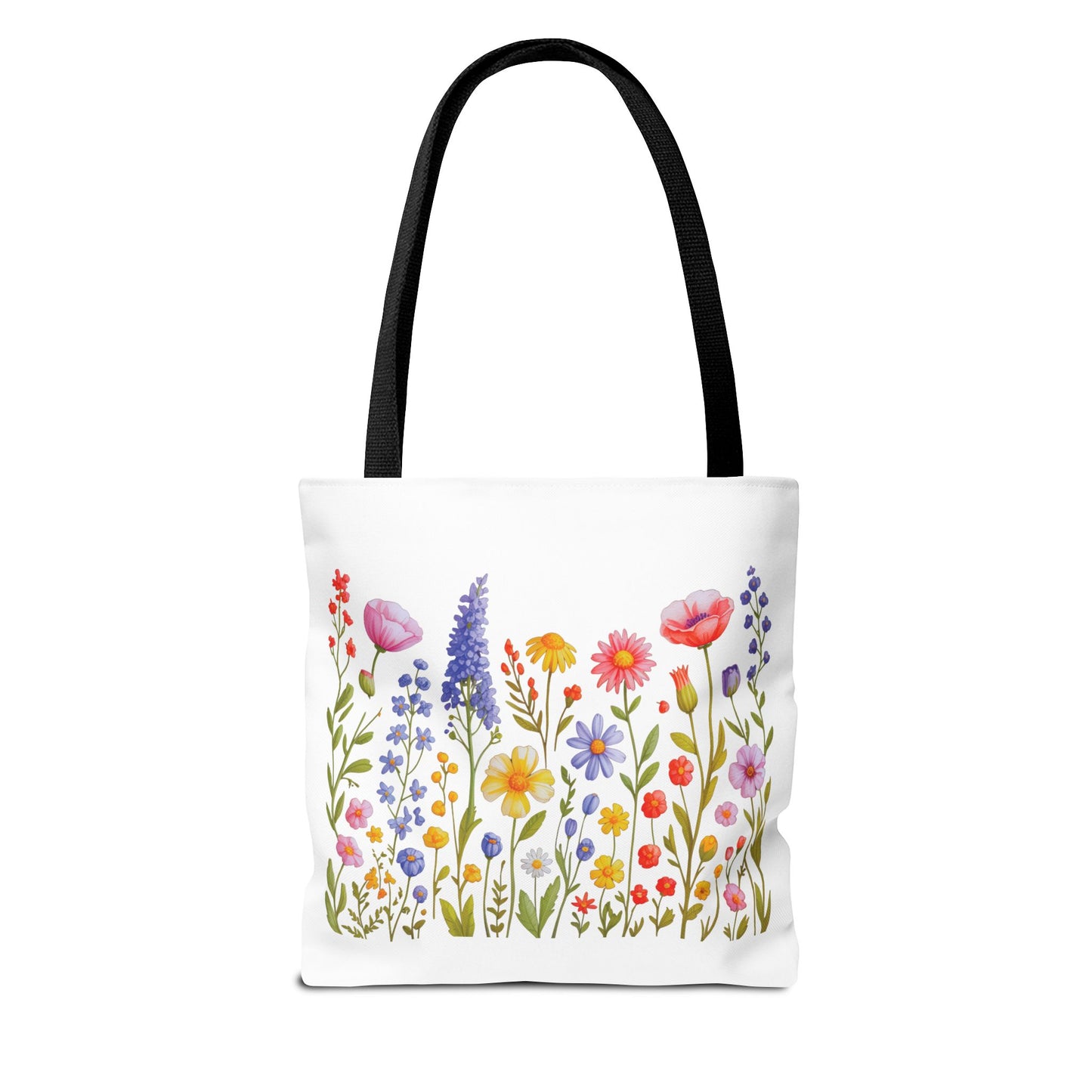 Wildflowers Tote Bag featuring a vibrant wildflower design, symbolizing a free-spirited vibe, perfect for everyday use. Available in various sizes, with durable polyester and customizable handle colors. Ideal for nature lovers.
