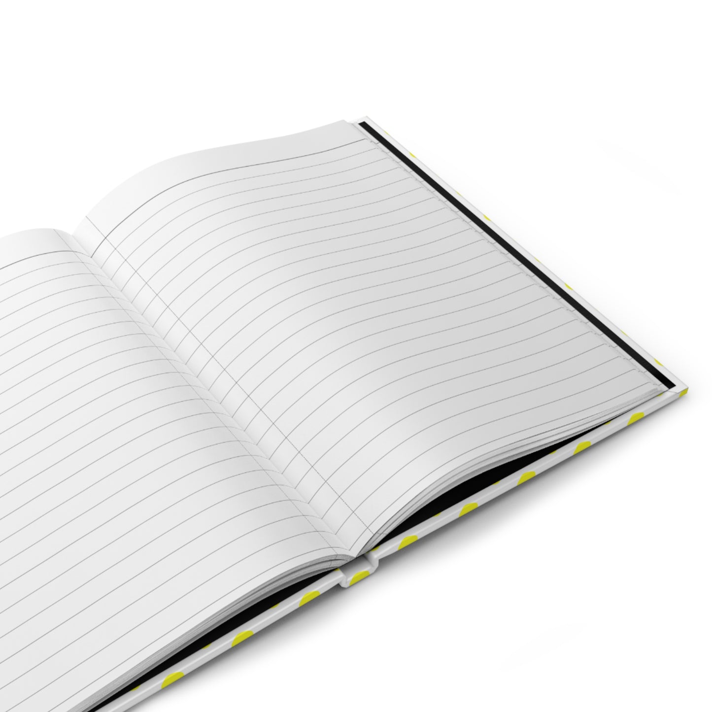 HARDCOVER JOURNAL, MATTE, RULED, 5X7, SEWN BIND, CLEAN-TEAR PAGES – POLKA DOTS, YELLOW, featuring an open view of lined pages and a durable, polka-dotted cover, perfect for uplifting your daily notes.