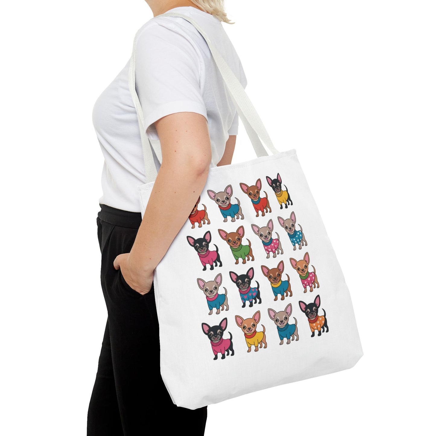 Chihuahua with Wardrobe Portraits Tote Bag featuring charming chihuahua illustrations in various outfits, perfect for dog lovers. Ideal for stylish errands or gifting, embodying FireBrook Essentials' joyful and uplifting design ethos.