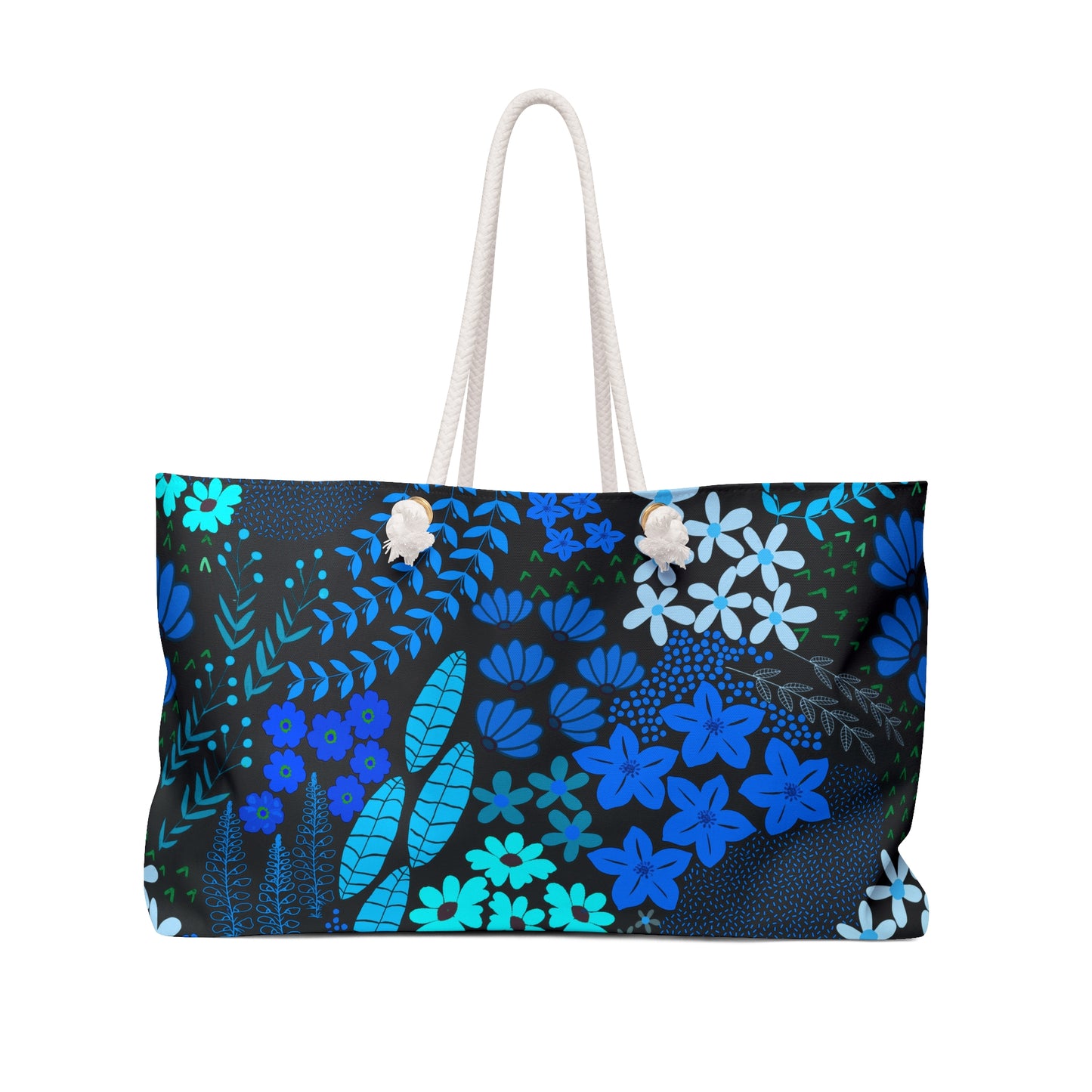 Floral Weekender Bag with navy-toned hand-drawn floral pattern and thick white rope handles, designed for spaciousness and durability, ideal for stylish weekend getaways and enhancing travel experiences.