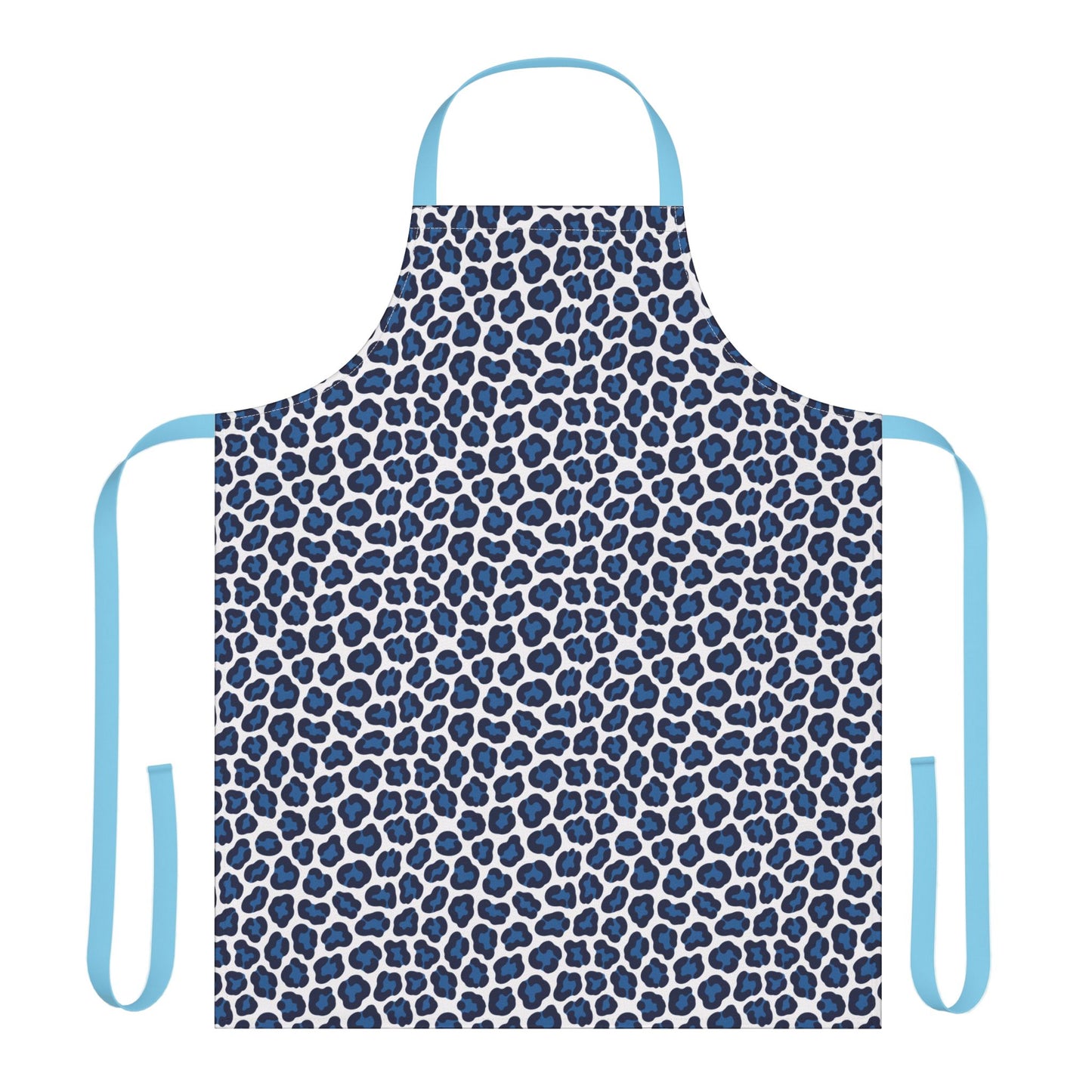 Apron, Cheetah Print: A stylish apron featuring a bold blue cheetah pattern with blue straps, crafted from soft polyester canvas for comfortable wear, ideal for cooking or crafting.