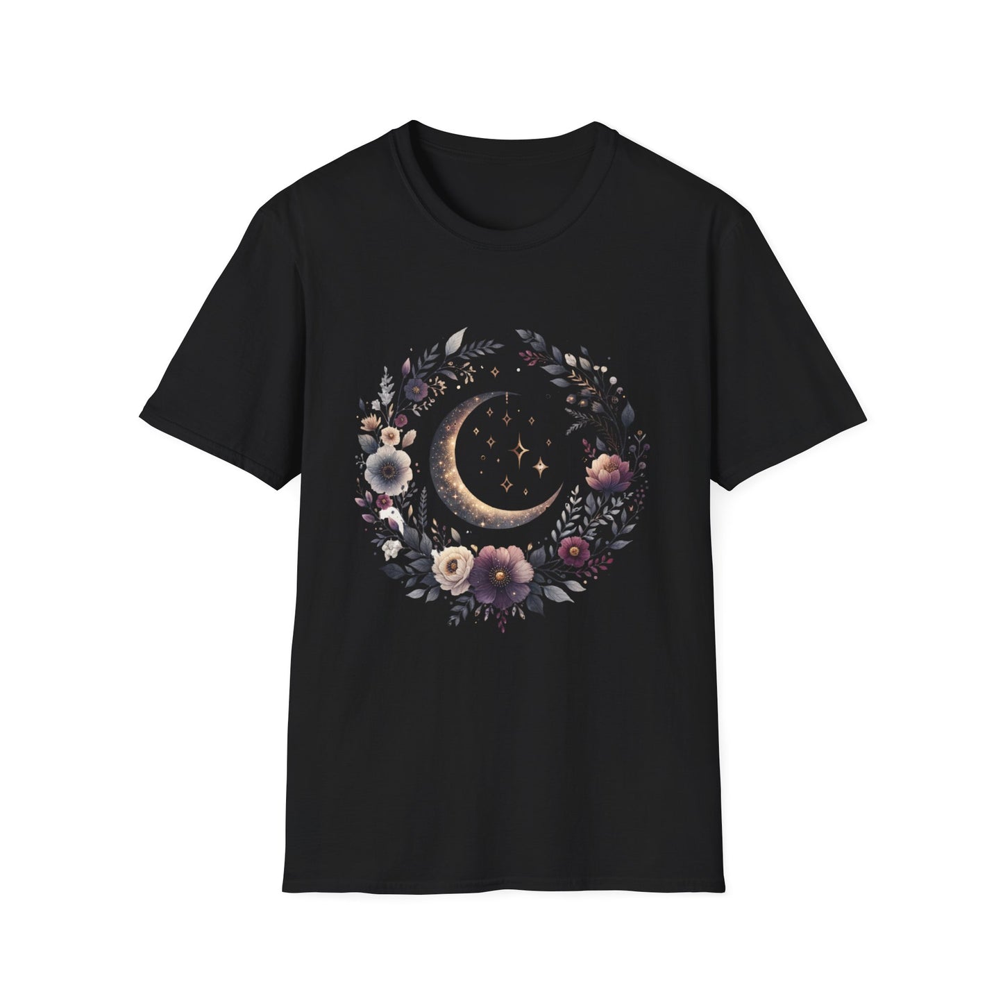 Moon & Floral Gildan Unisex T-Shirt featuring a moon surrounded by flowers. Designed for comfort with a classic fit and crew neckline, perfect for versatile, everyday wear.
