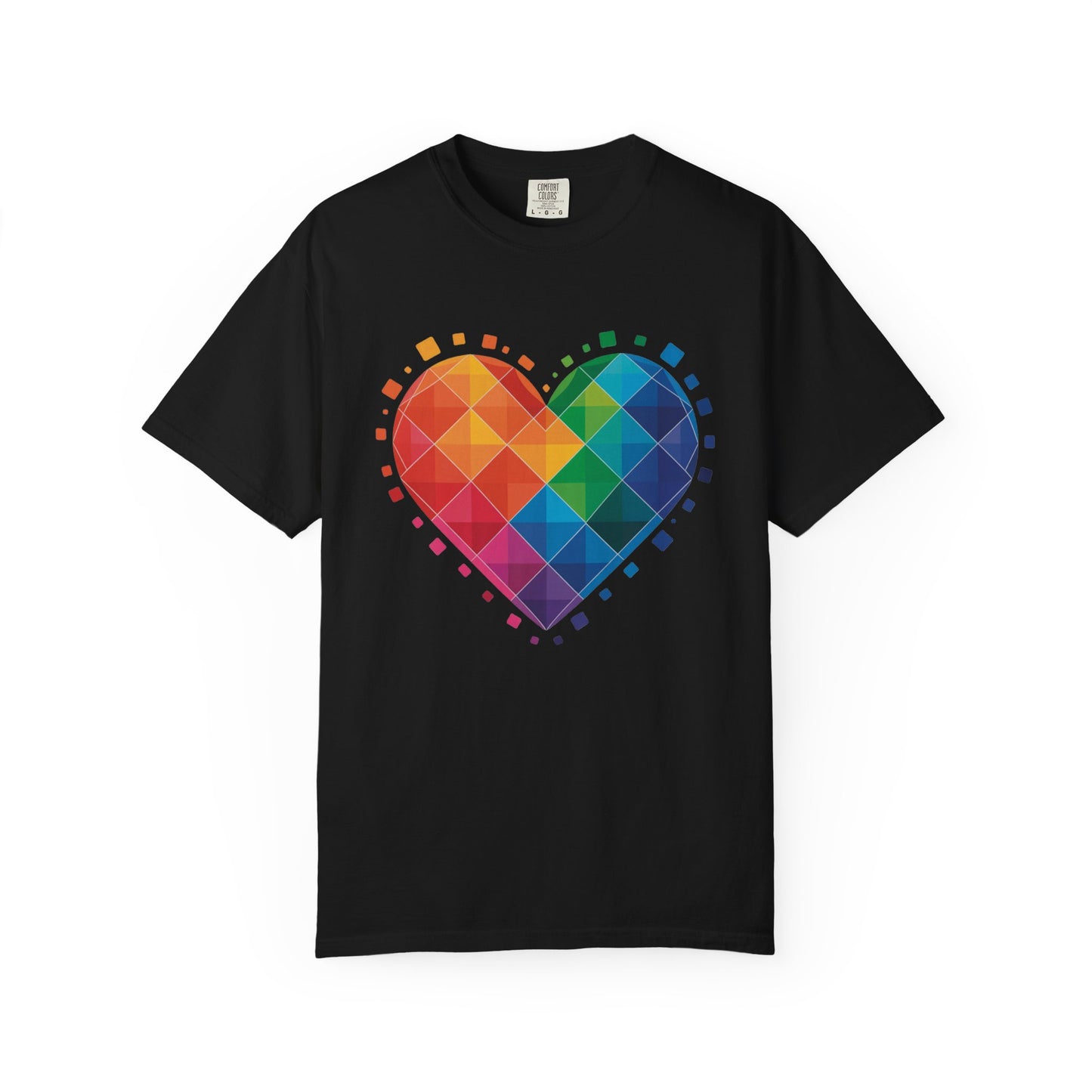 Rainbow Geometric Heart T-Shirt features a vibrant, modern heart-shaped design with overlapping translucent squares and a dynamic rainbow gradient, embodying FireBrook Essentials' uplifting and stylish apparel ethos.