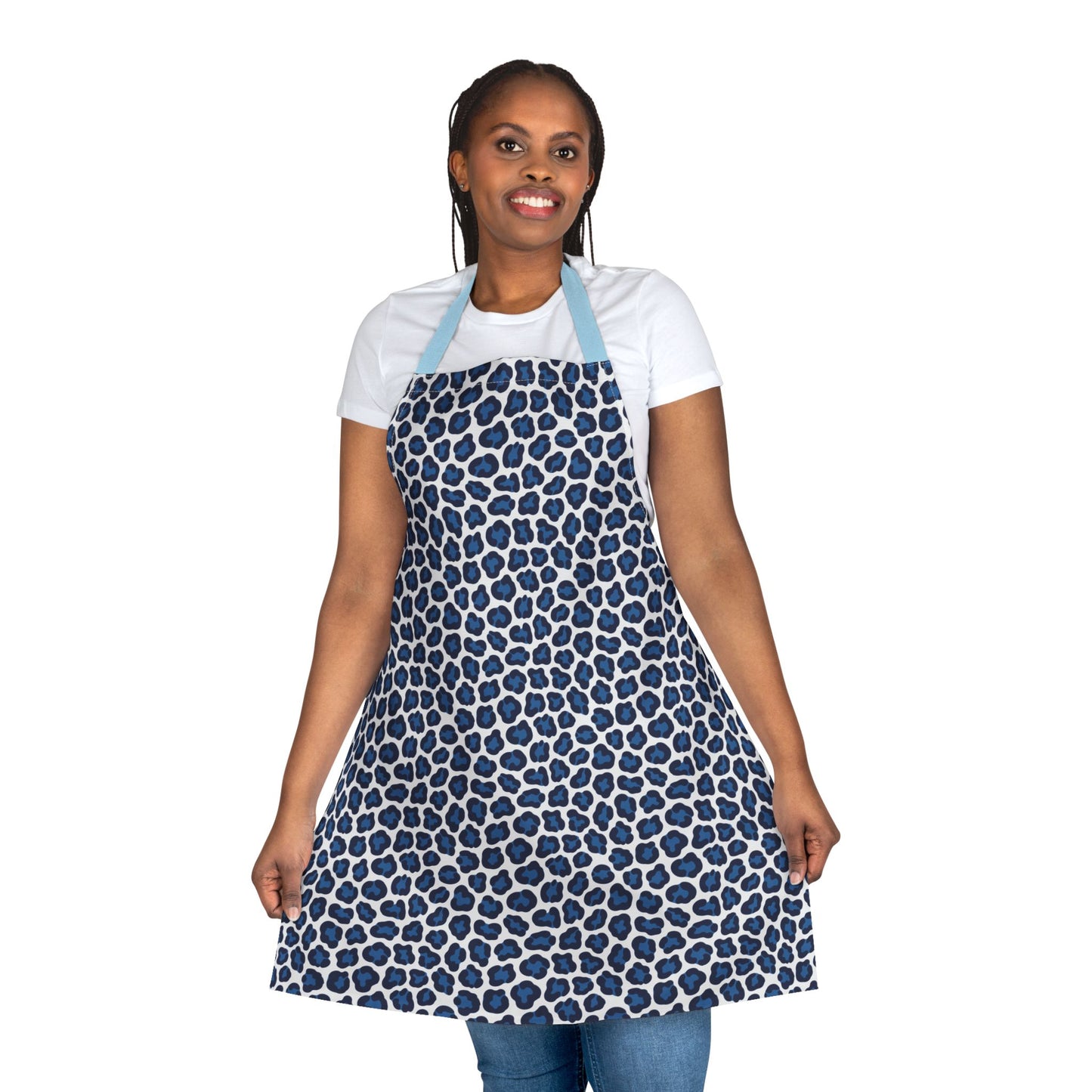 Apron, Cheetah Print: A stylish apron featuring a bold blue cheetah pattern, perfect for adding fun to cooking or crafting, made with soft polyester canvas and comfortable tie-back closure.