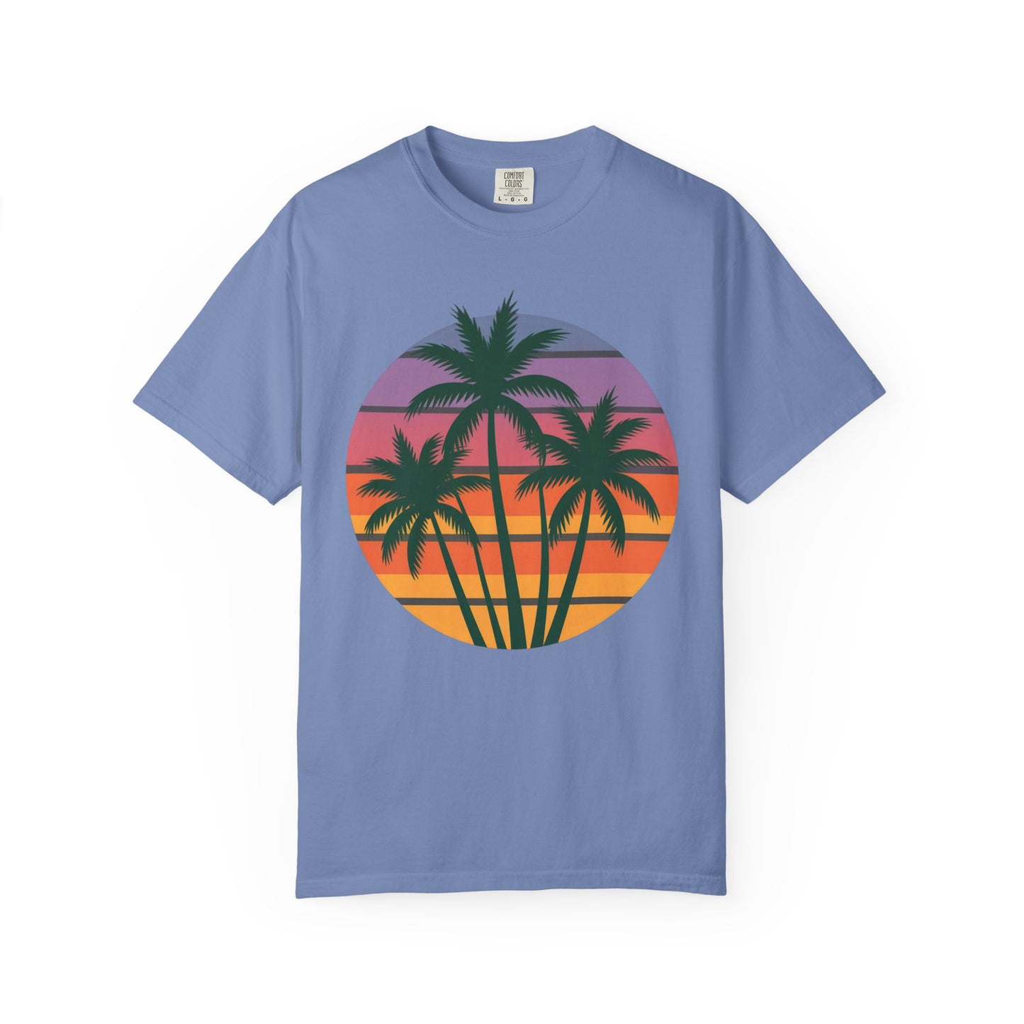 Palm Tree Sunset T-shirt: A vibrant unisex tee showcasing colorful palm trees silhouetted against a sunset sky, embodying a relaxed, tropical feel. Perfect for beach outings, casual wear, and summer festivals.