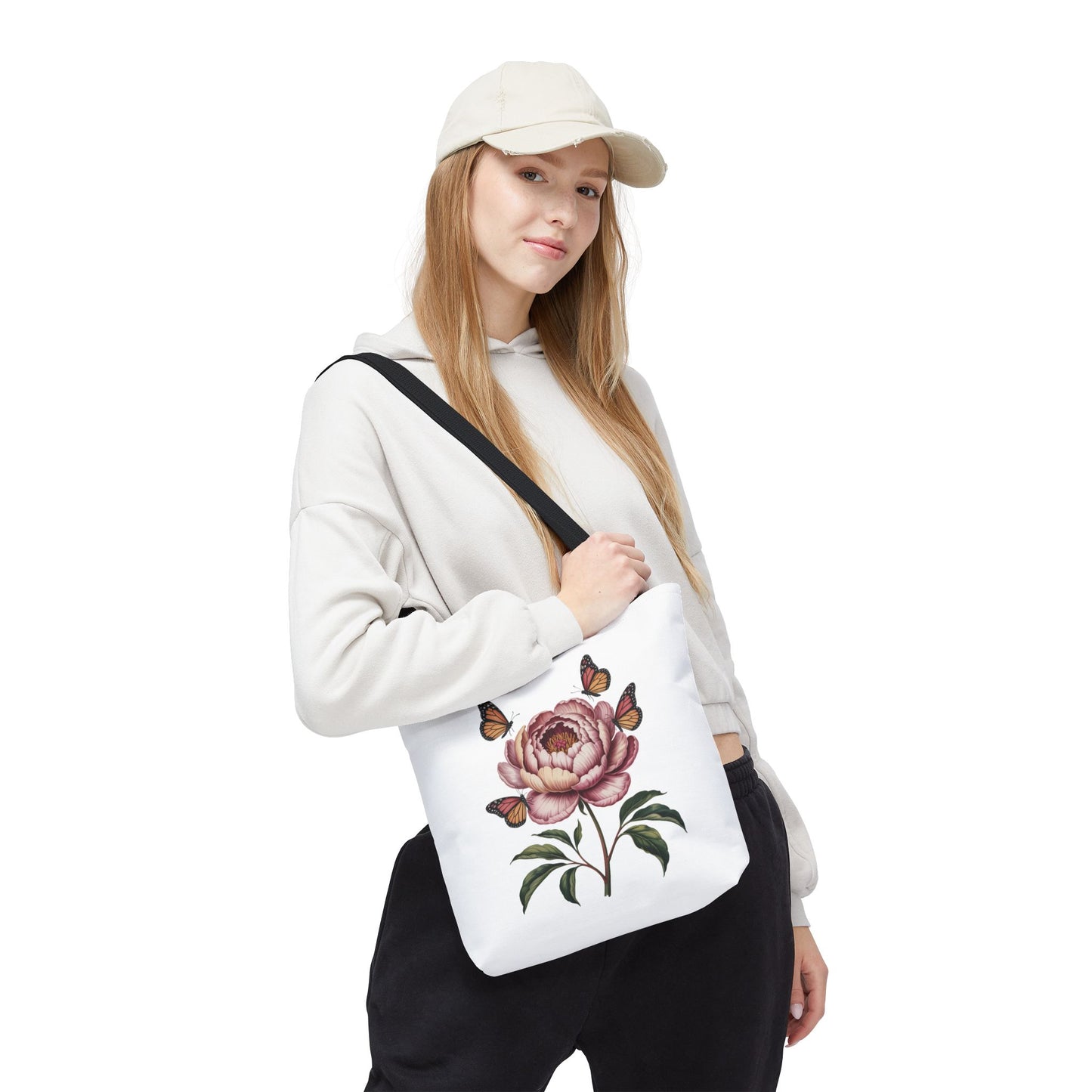 Botanical with Vintage-Inspired Illustration Tote Bag showcasing vibrant flowers, intricate leaves, and butterflies. Perfect for nature enthusiasts, this durable tote from FireBrook Essentials adds whimsy to everyday outings.