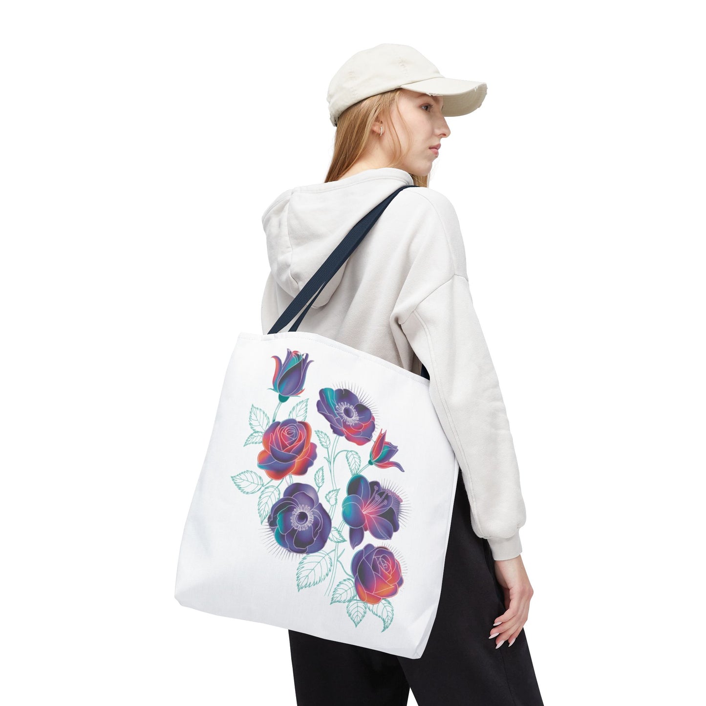 Vibrant Rose, Anemone, Lily Silhouettes Neon Floral Tote Bag features bold floral silhouettes in neon hues, perfect for adding style and color to daily essentials. Ideal for nature lovers and stylish outings.