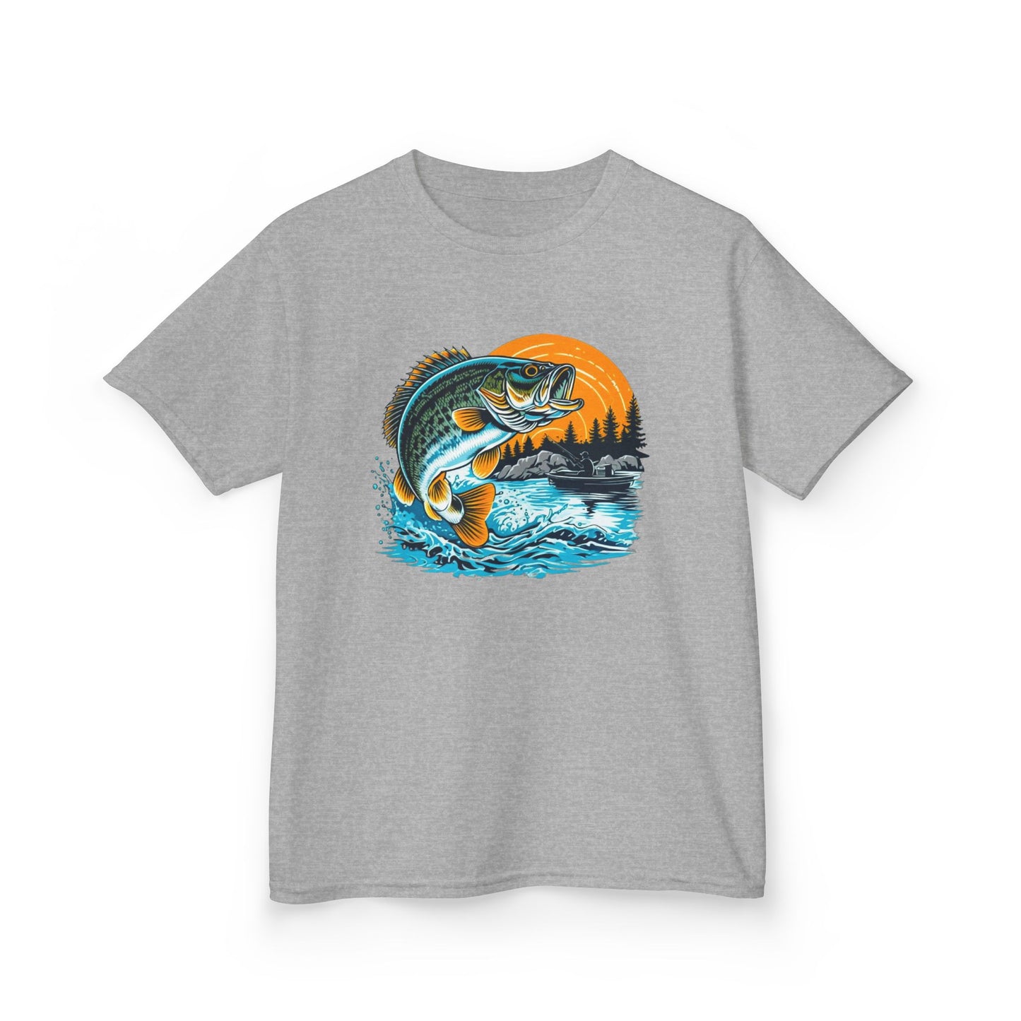Leaping Bass Fishing Adventure Youth Gildan Unisex T-Shirt featuring a detailed fish jumping out of water design, ideal for young fishing enthusiasts seeking comfort and style from FireBrook Essentials.