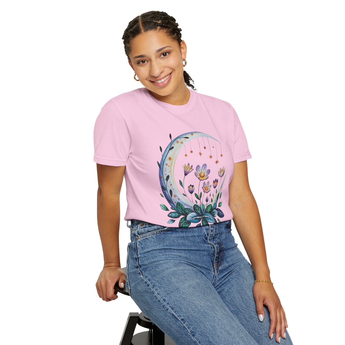 Crescent Moon Floral T-Shirt with a bohemian, dreamy design, featuring relaxed fit and crew neckline; perfect for casual wear, embodying FireBrook Essentials' uplifting and stylish approach to everyday apparel.