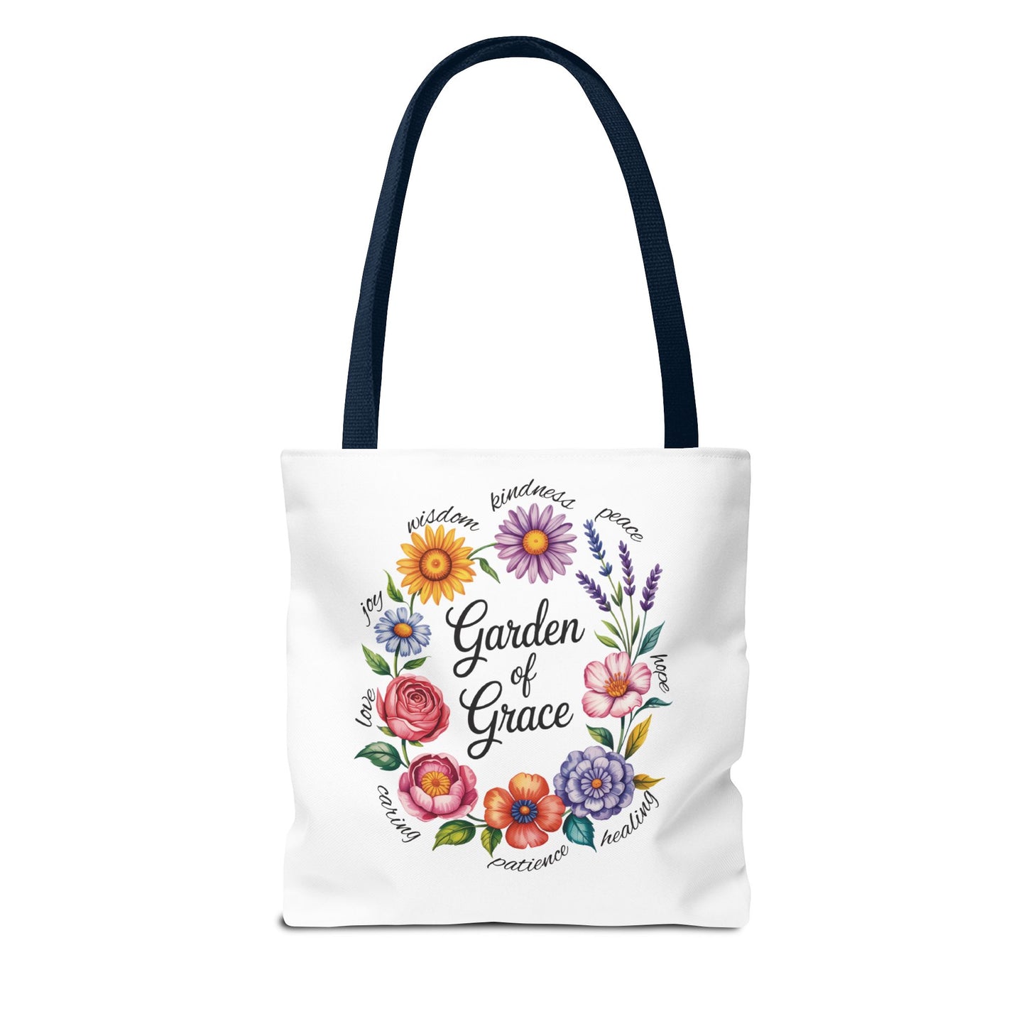Garden of Grace Watercolor Design Tote Bag showcasing hand-drawn pastel flowers, elegant script, reinforced handles, and boxed corners, perfect for everyday use and gift-giving, reflecting FireBrook Essentials' uplifting style.