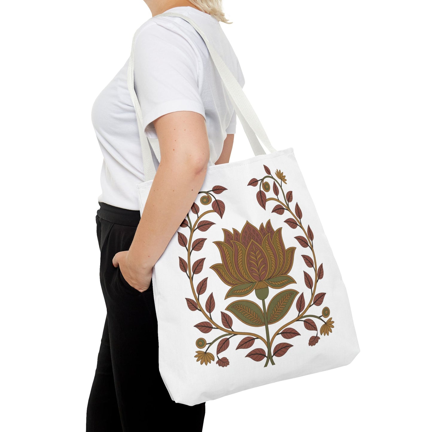Earth Tote Bag with Floral Vines and Traditional Motifs, showcasing intricate earthy patterns, perfect for adding elegance to outfits. A stylish, spacious accessory for everyday use, embodying FireBrook Designs' uplifting essence.
