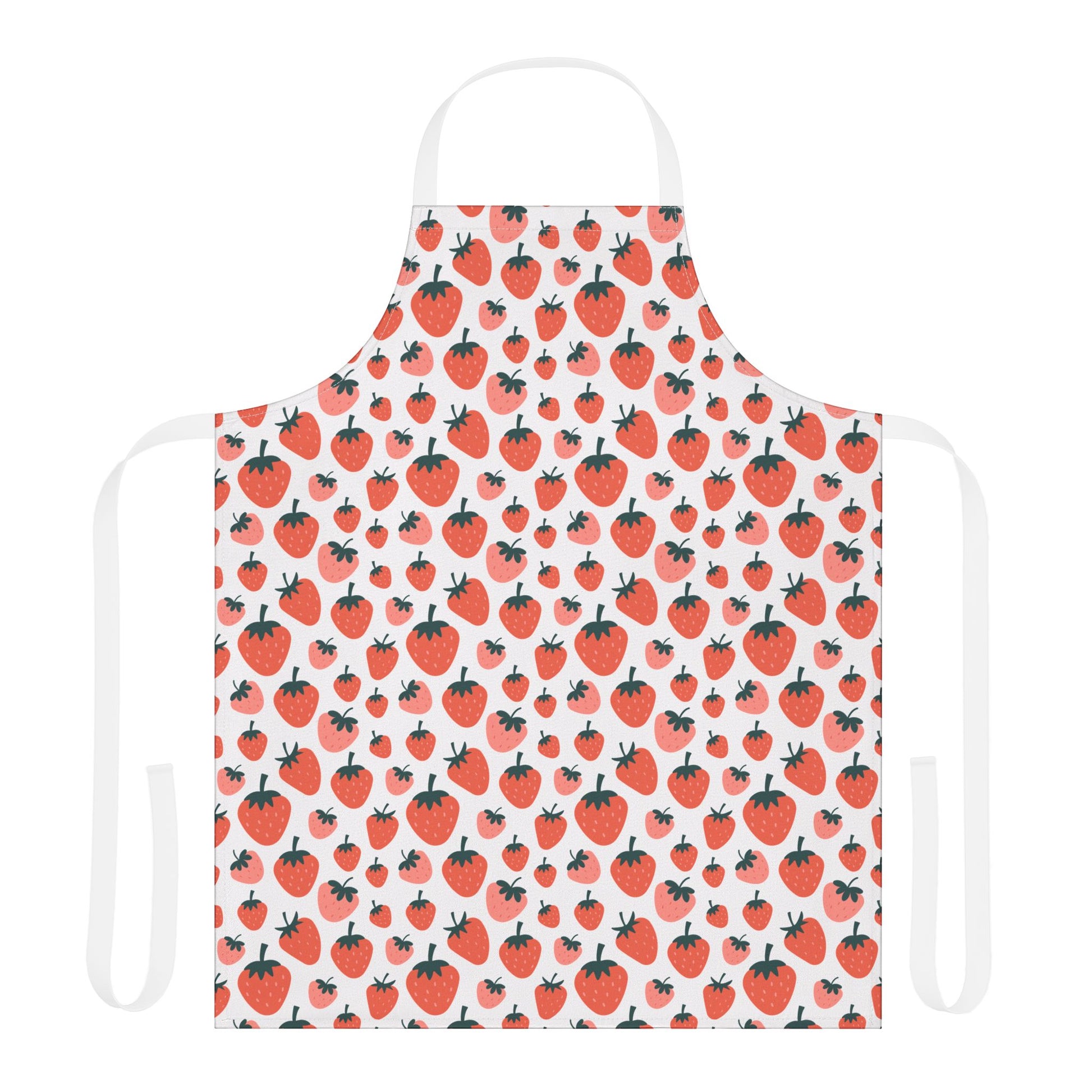 Strawberries Apron featuring a playful strawberry pattern, perfect for cooking enthusiasts. This stain-resistant apron combines style and practicality, embodying FireBrook Essentials' mission of bringing joy and comfort to daily routines.