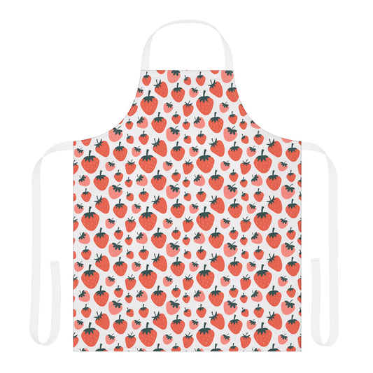 Strawberries Apron featuring a playful strawberry pattern, perfect for cooking enthusiasts. This stain-resistant apron combines style and practicality, embodying FireBrook Essentials' mission of bringing joy and comfort to daily routines.
