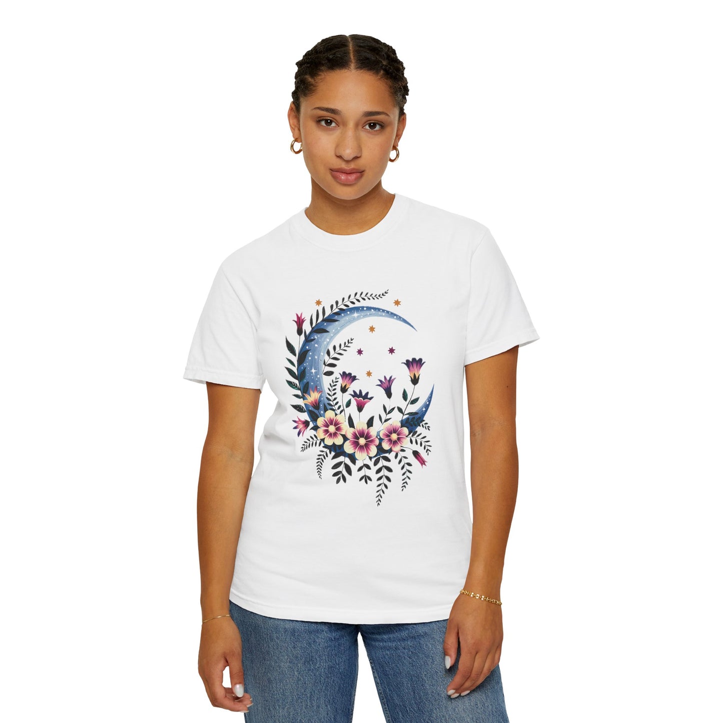 Crescent Moon Floral T-Shirt with a relaxed fit and crew neckline, showcasing a bohemian design ideal for casual or special gatherings, embodying FireBrook Essentials' uplifting and stylish ethos.