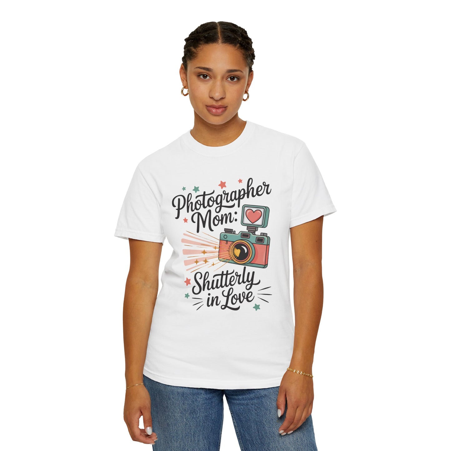 Photographer Mom: Shutterly In Love Mother's Day Comfort Colors Unisex T-Shirt, showcasing a relaxed fit with a classic crew neckline, highlighting double-needle stitching and garment-dyed texture for stylish versatility and comfort.