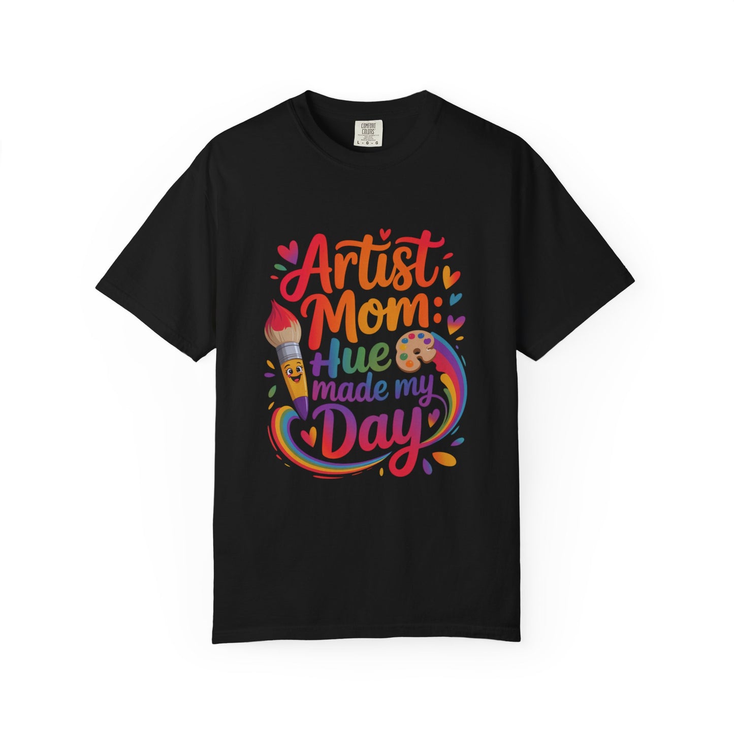 Artist Mom: Hue Made My Day Mother's Day Comfort Colors Unisex T-Shirt features a relaxed fit and classic crew neckline, ideal for casual outings or artistic activities, epitomizing FireBrook Essentials' comfort and positivity.