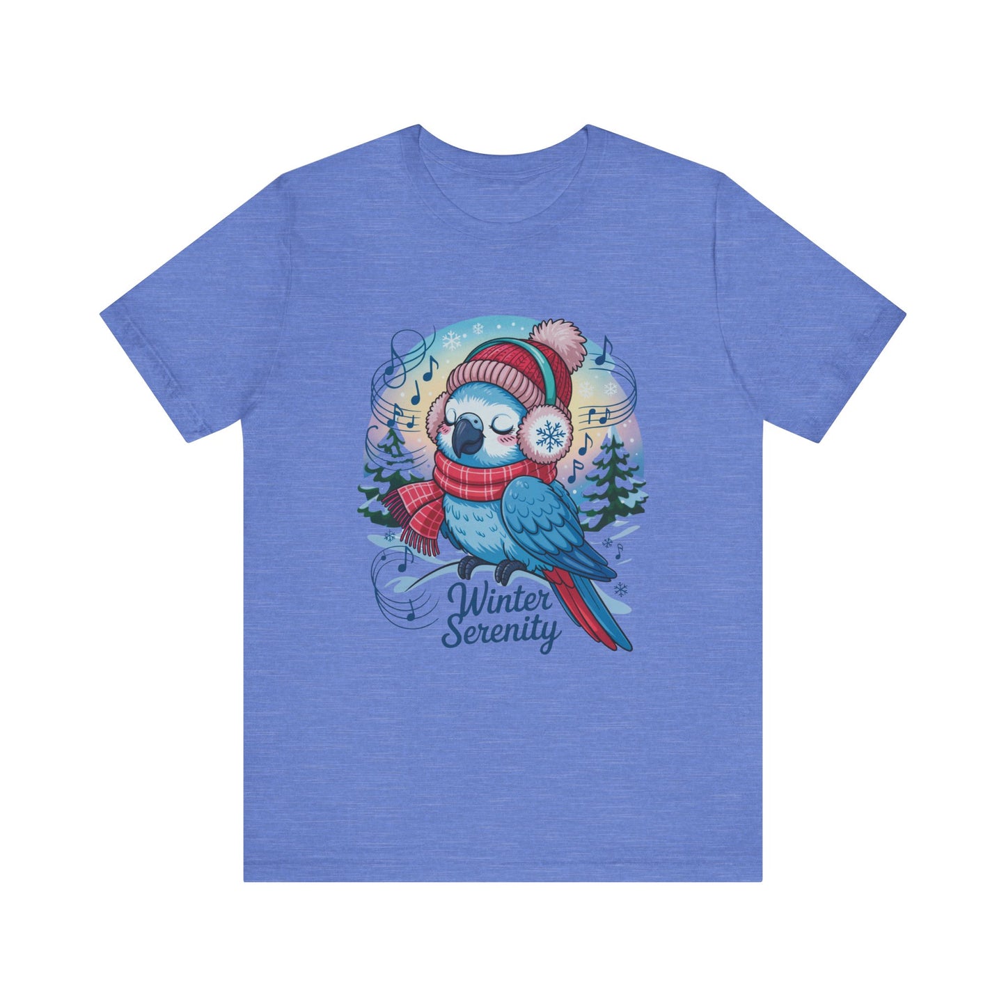 Winter Serenity Cute Baby Parrot Unisex T-Shirt features a charming baby parrot design, perfect for adding winter vibes to your wardrobe. Ideal for casual wear, showcasing comfort and style from FireBrook Essentials.