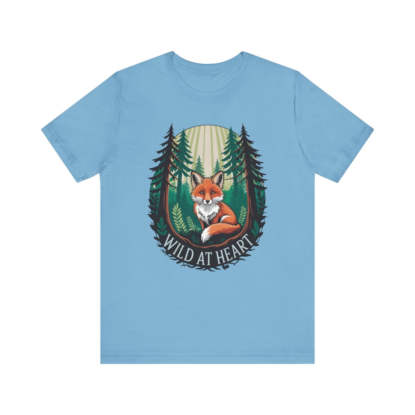 Wild at Heart Fox Illustration Bella+Canvas Unisex T-Shirt featuring a playful cartoon fox amidst nature graphics, perfect for casual wear and nature enthusiasts, crafted from lightweight, sustainable fabric.