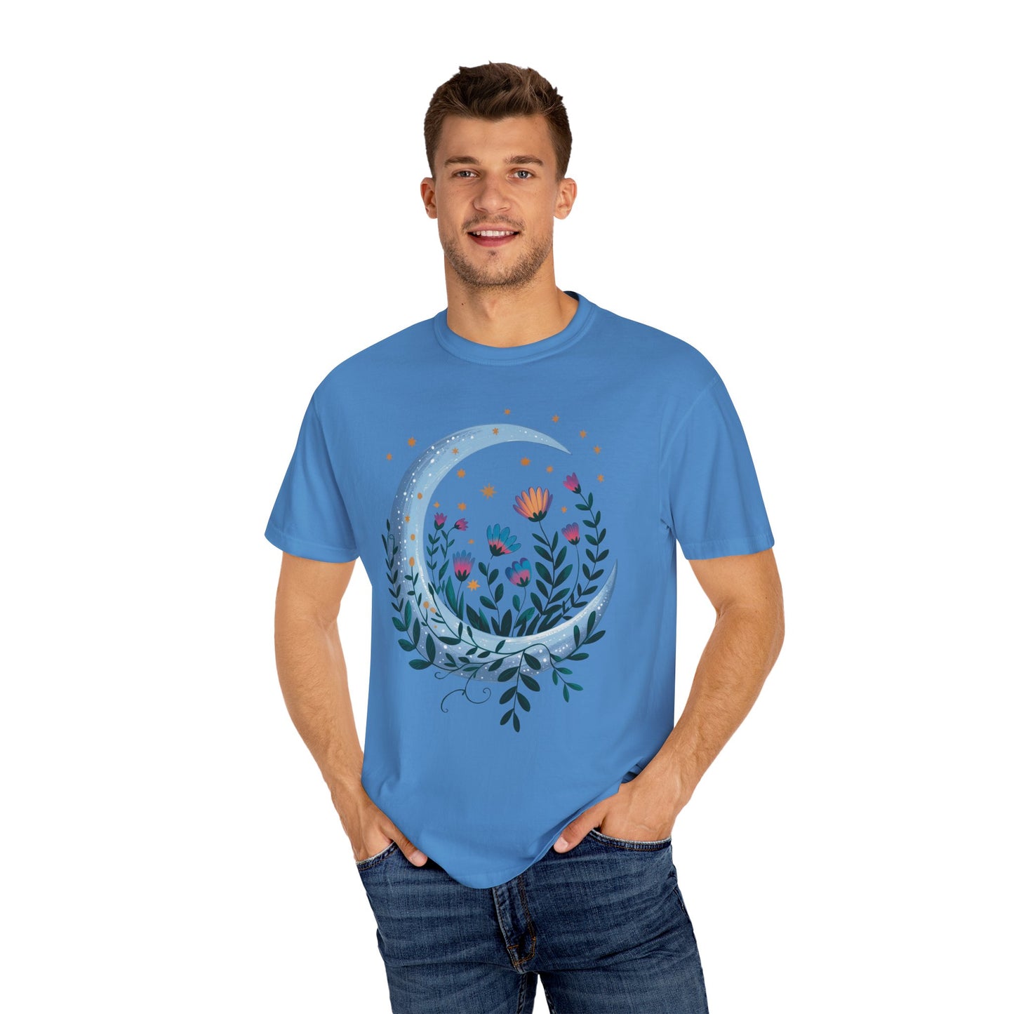 Crescent Moon with Flowers T-Shirt from FireBrook Essentials, showcasing a bohemian design with a crescent moon intertwined with delicate floral patterns, exemplifying comfort and style for casual or special occasions.