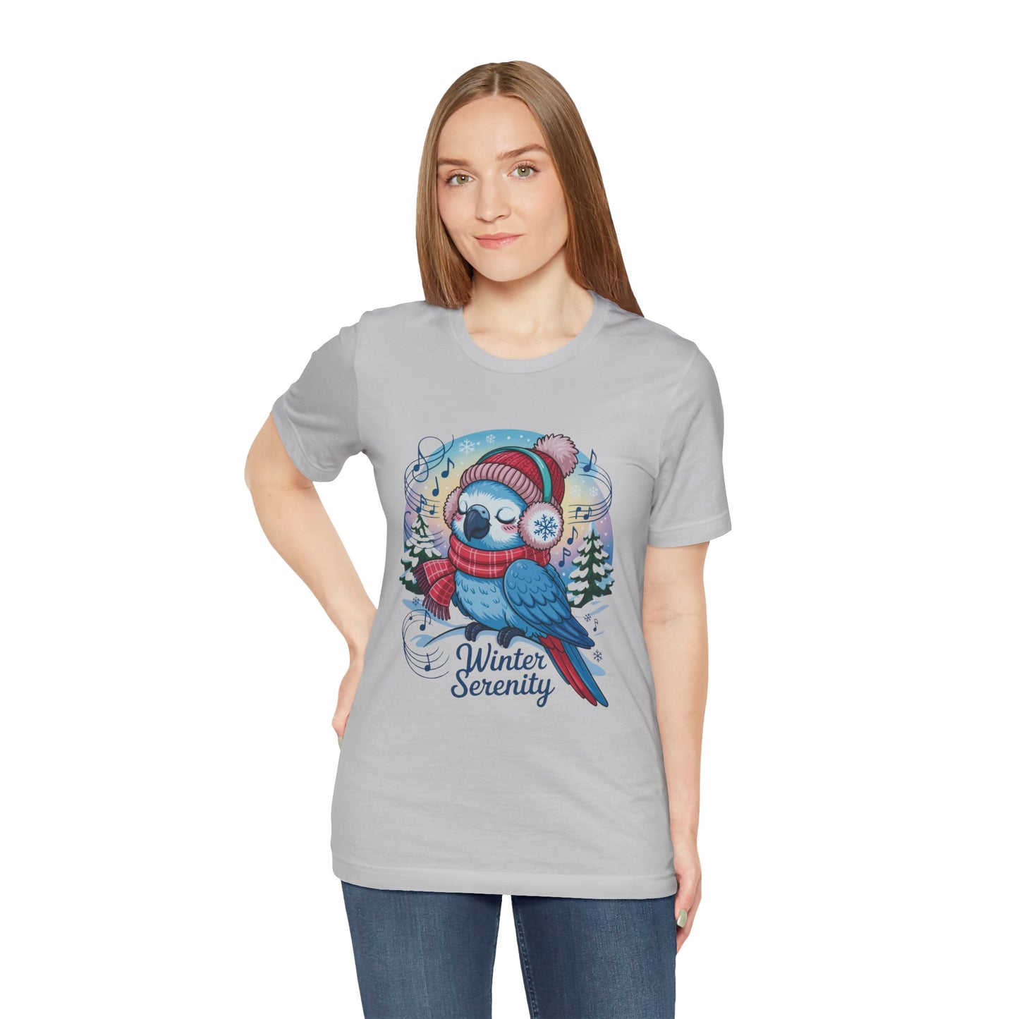Winter Serenity Cute Baby Parrot Unisex T-Shirt showcasing an adorable parrot design, ideal for casual winter wear. Made from 100% combed cotton, offering a comfortable fit for bird and nature lovers.