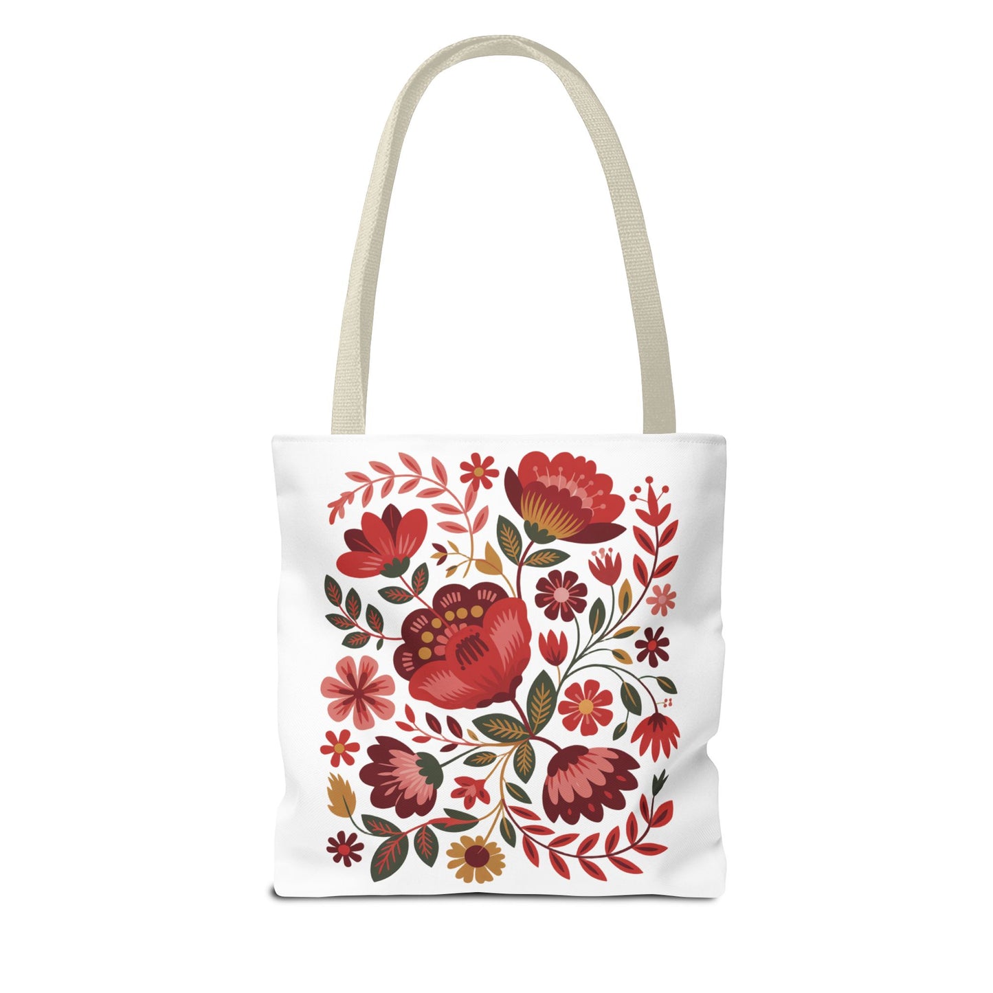 Red Floral Folk-Art Style Tote Bag featuring vibrant organic floral illustrations in red tones, with bold and delicate flowers, complemented by green leaves and navy accents, perfect for everyday use.
