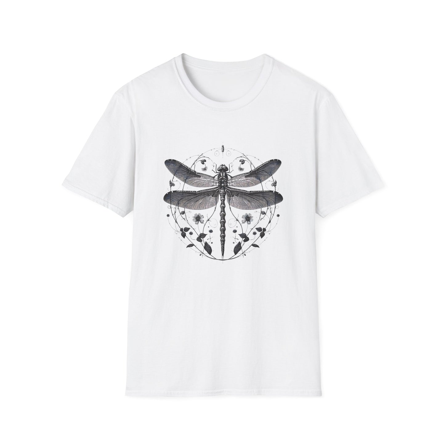 Dragonfly Gildan Unisex T-Shirt featuring a playful dragonfly design on lightweight fabric, embodying comfort and nature-inspired style. Made from ethically sourced cotton, perfect for casual gatherings or lounging.
