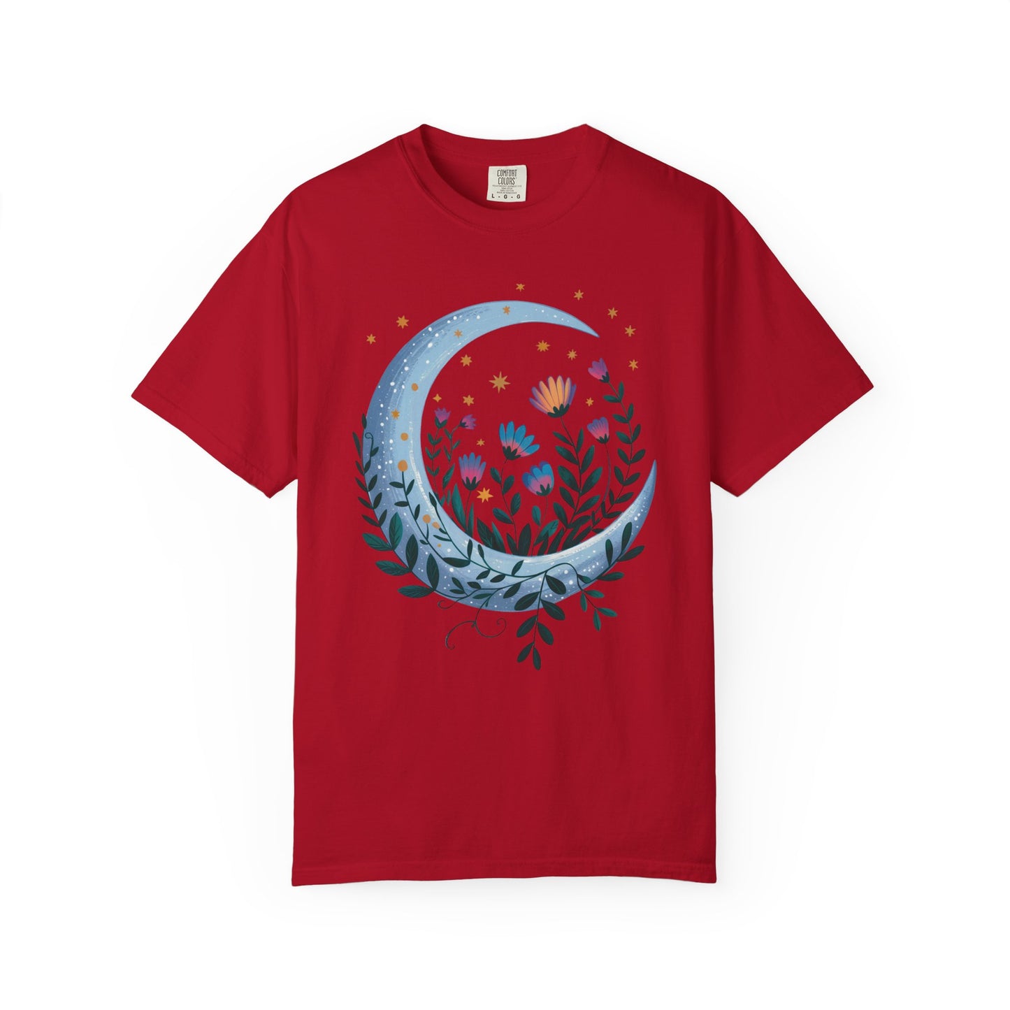 Crescent Moon with Flowers T-Shirt showcases a bohemian, dreamy vibe with a relaxed fit, ideal for nature lovers and free spirits, embodying FireBrook Essentials' commitment to stylish, uplifting apparel.