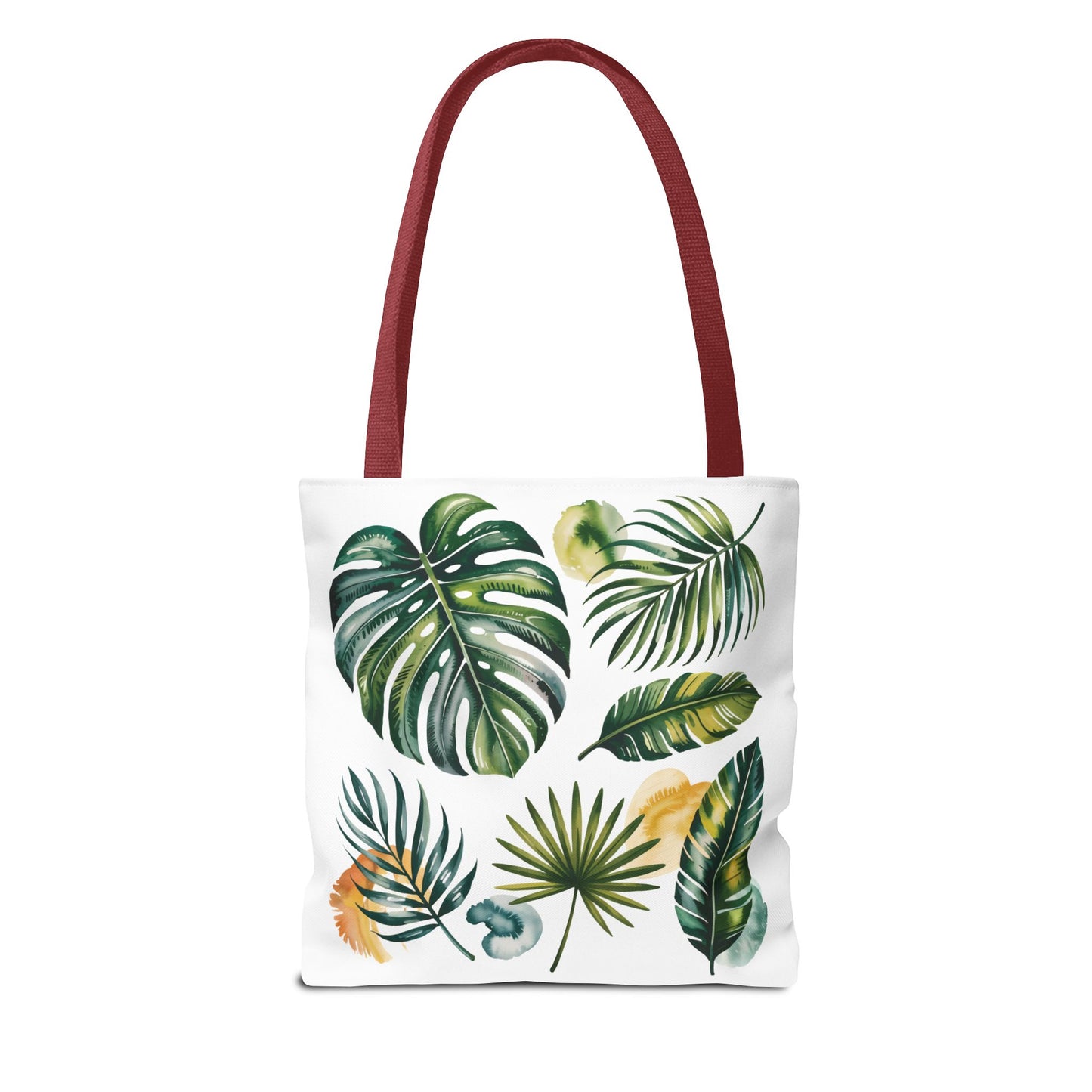 Tropical Leaves Tote Bag close-up featuring vibrant leaf patterns, highlighting its durability and spaciousness, ideal for beach lovers and tropical enthusiasts seeking stylish, eco-friendly accessories from FireBrook Designs.