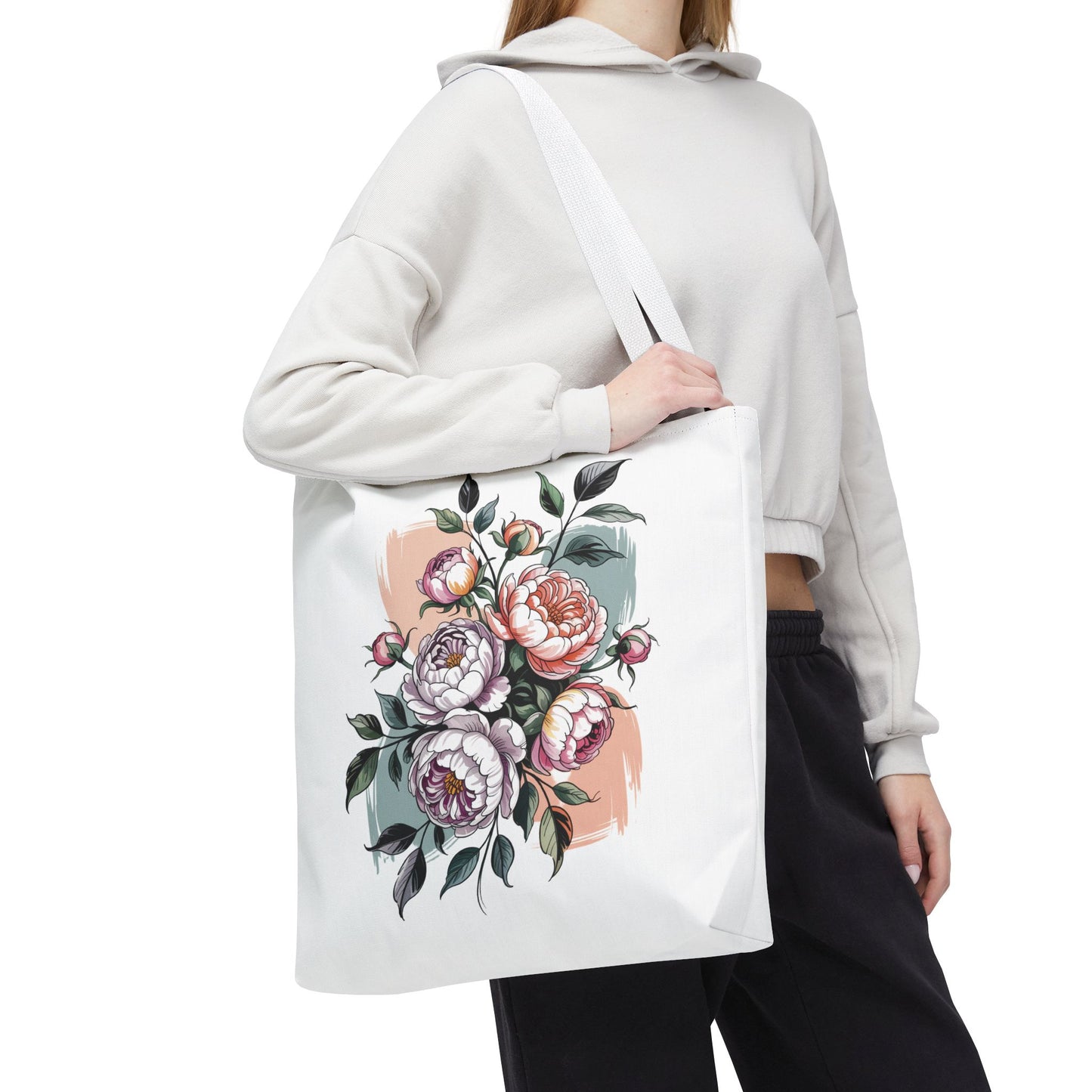 Vintage Peony Tote Bag showcasing a classic floral pattern, ideal for nature enthusiasts. Features reinforced handles and boxed corners for durability and space, embodying FireBrook Essentials' blend of style and functionality.
