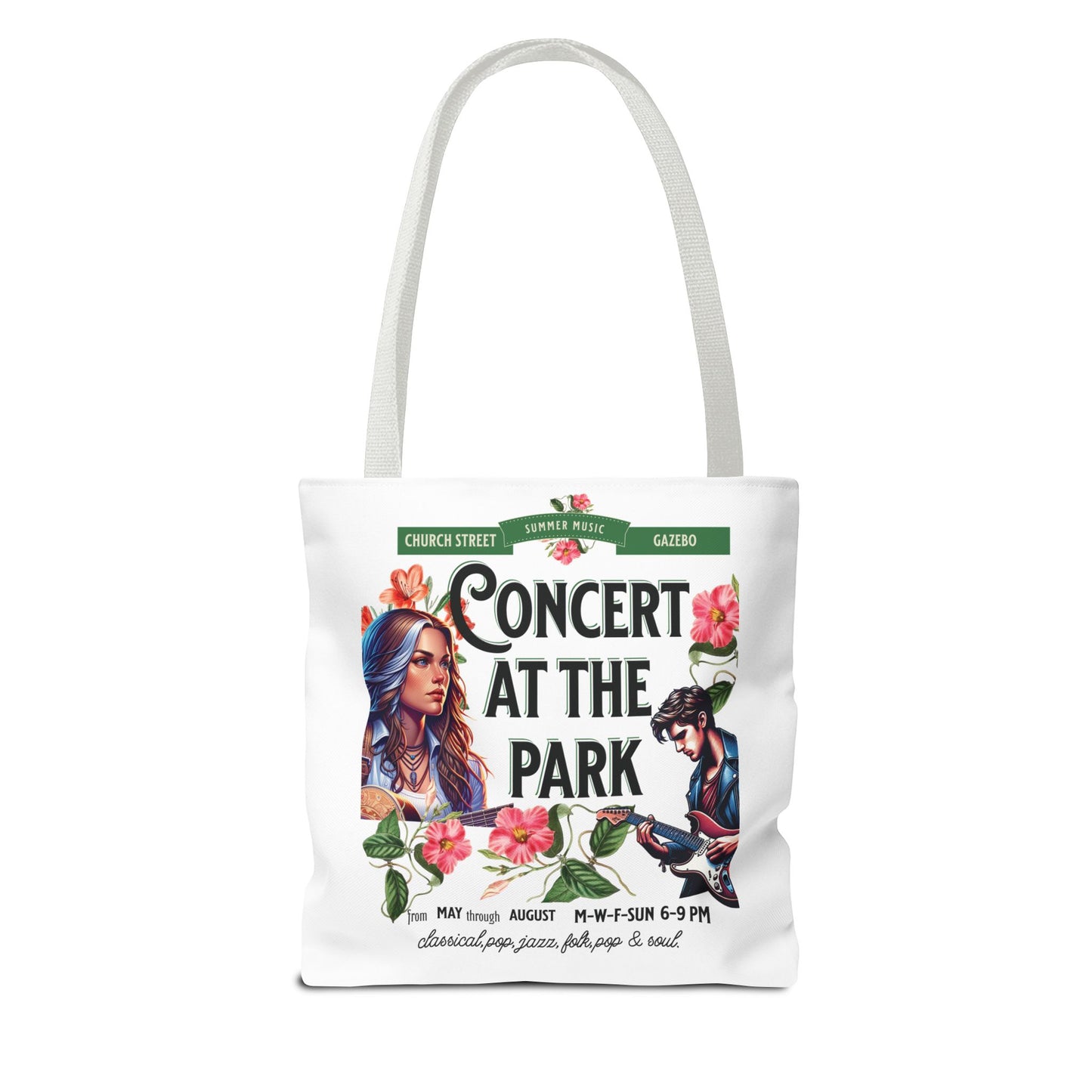 Concert At the Park Tote Bag featuring a vibrant design with people, flowers, and a guitar, ideal for music lovers and outdoor enthusiasts.