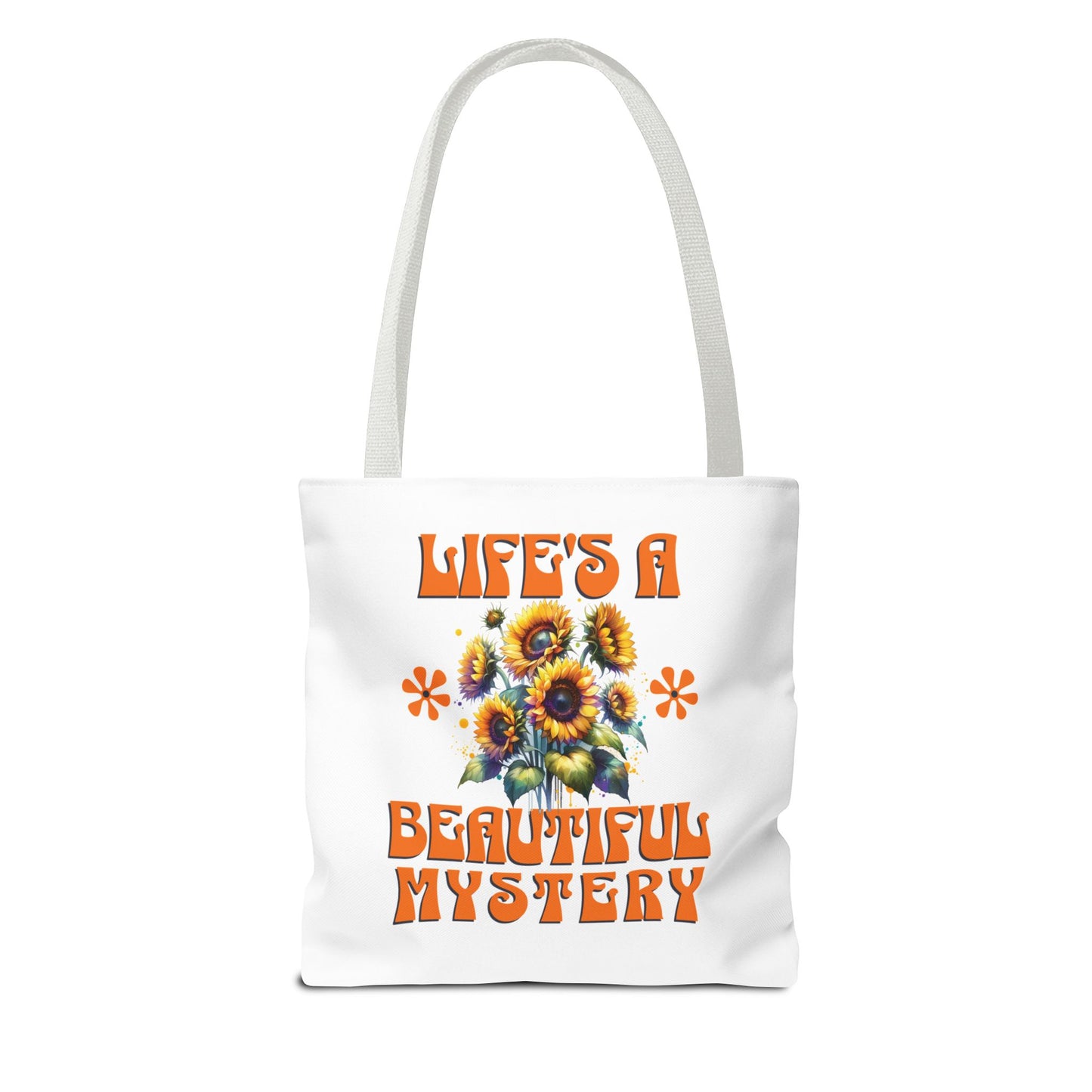 Life's A Beautiful Mystery Tote Bag featuring orange text and floral design, ideal for daily adventures and celebrating life's surprises.