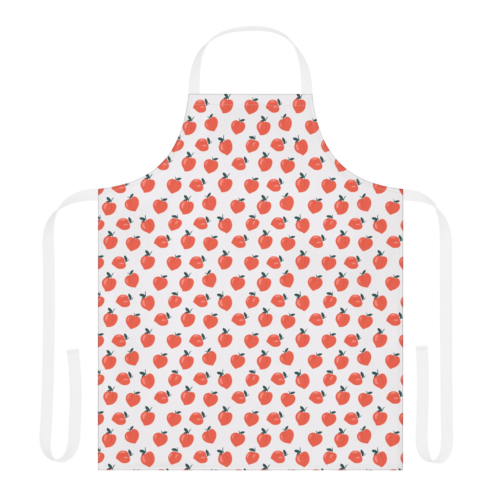 Peaches Apron featuring whimsical apple patterns, perfect for the creative chef. Made from polyester canvas with adjustable tie-back for comfort. Ideal for vibrant, joyful cooking experiences.