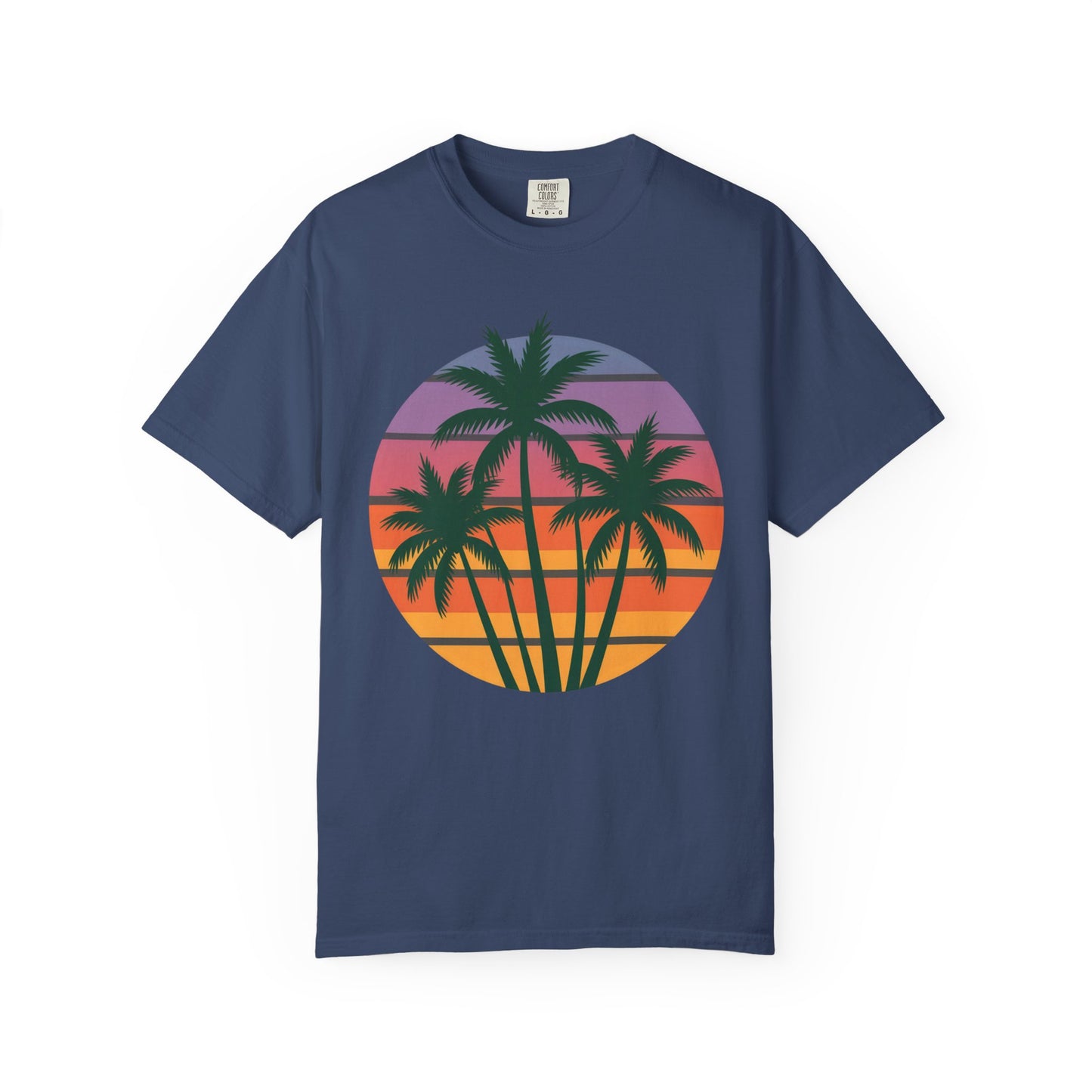Palm Tree Sunset T-shirt: Unisex garment-dyed tee showcasing vibrant palm tree silhouettes against a sunset sky, embodying a tropical, relaxed vibe. Ideal for casual outings, made from soft, durable, 100% ring-spun US cotton.