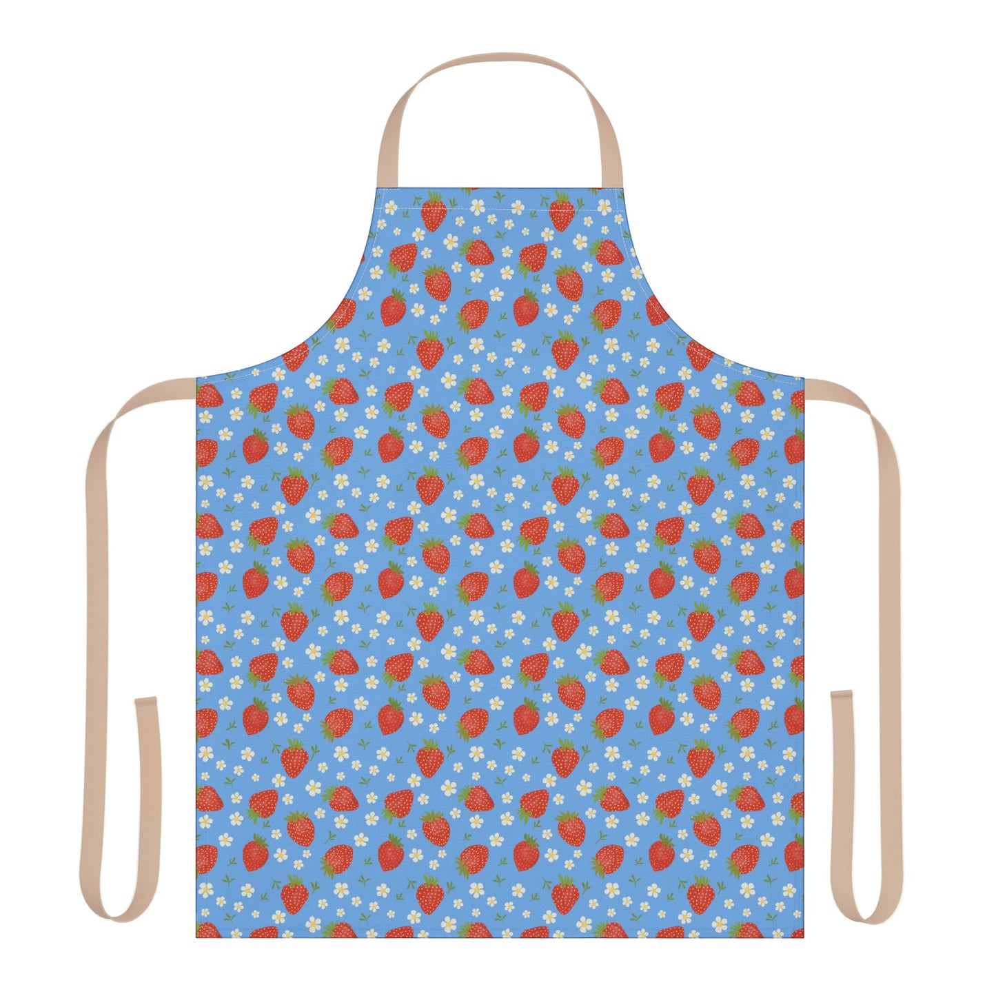 Apron, Strawberry 5-Color Straps: A blue apron adorned with red strawberries and white flowers, featuring a tie-back closure and stain-free fabric, embodying FireBrook Designs' blend of style and functionality.