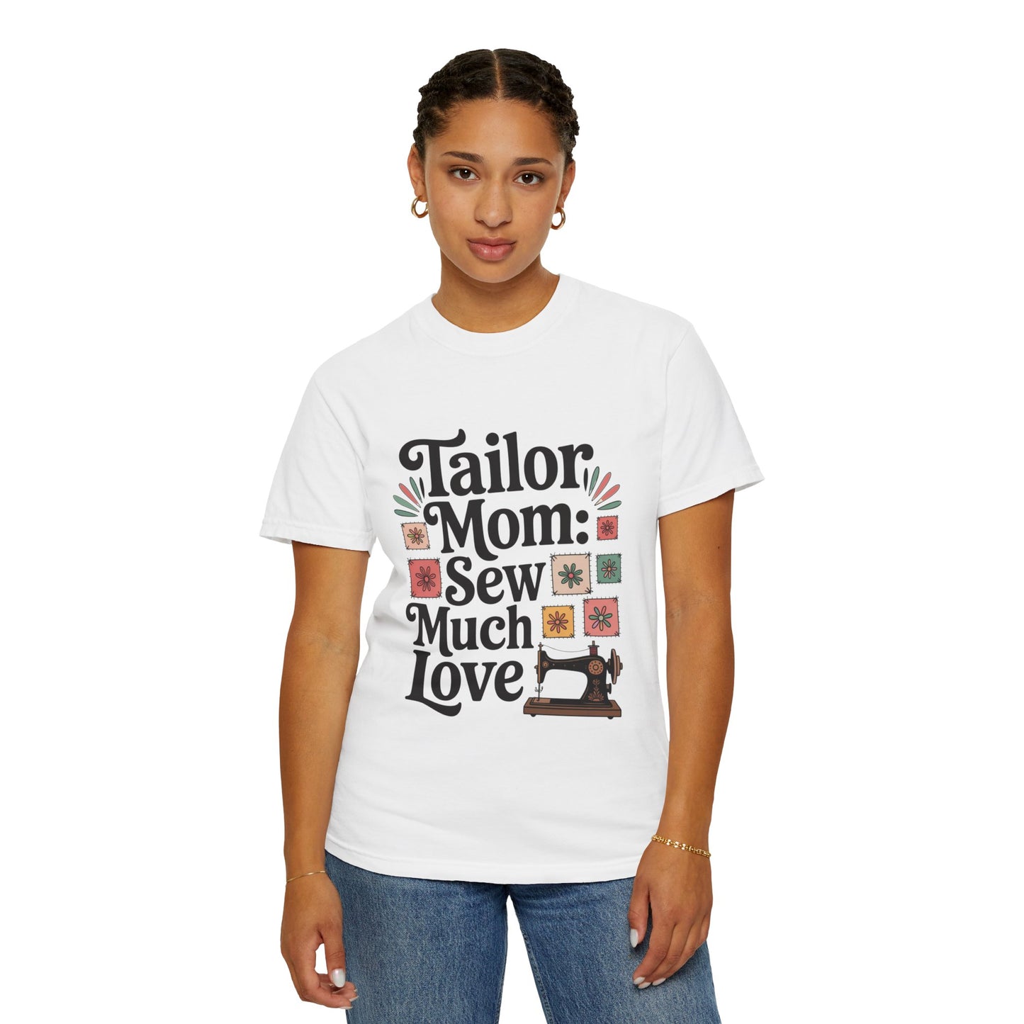 Tailor Mom Mode: Sew Much Love Mother's Day Comfort Colors Unisex T-Shirt showcasing a relaxed fit, classic crew neckline, and durable double-needle stitching, perfect for sewing enthusiasts or crafty individuals.