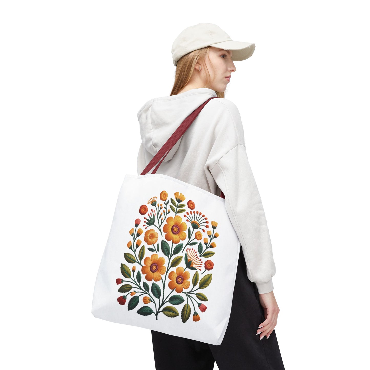 Folk Art Floral Faux Embroidery Style Tote Bag with vibrant floral patterns, featuring mustard yellow flowers and olive green leaves, exuding a relaxed, artistic vibe, perfect for daily use and gifting.