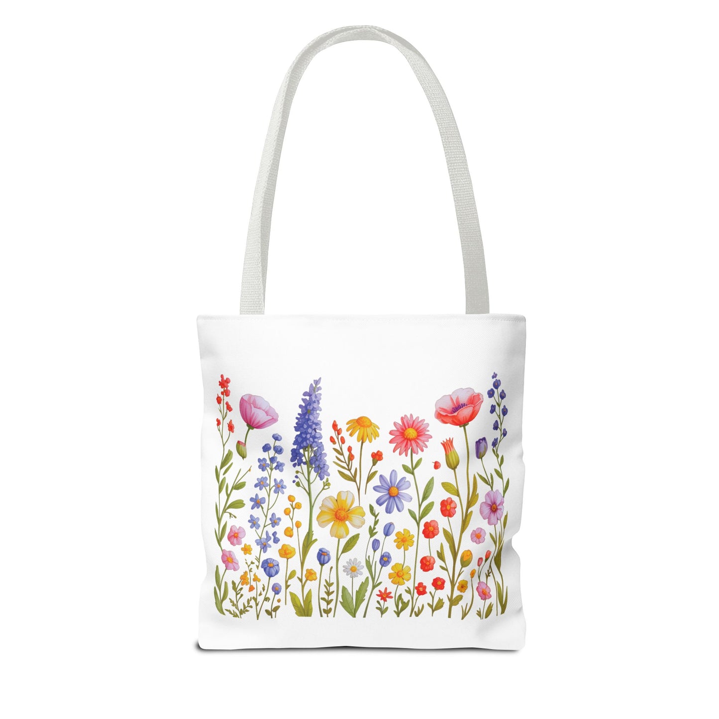 Wildflowers Tote Bag featuring a vibrant wildflower design embodies a natural, free-spirited vibe, perfect for everyday use. Reinforced handles and spacious interior provide practicality, aligning with FireBrook Essentials' uplifting and joyful ethos.