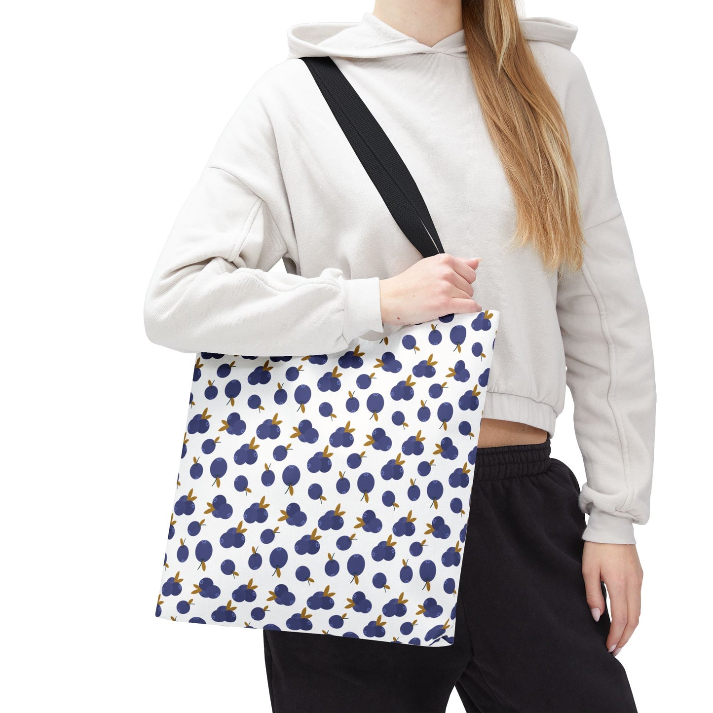 Blueberry Tote Bag showcasing a vibrant blueberry pattern, crafted from durable polyester with reinforced handles and boxed corners, ideal for stylish, practical carrying of essentials from FireBrook Designs.