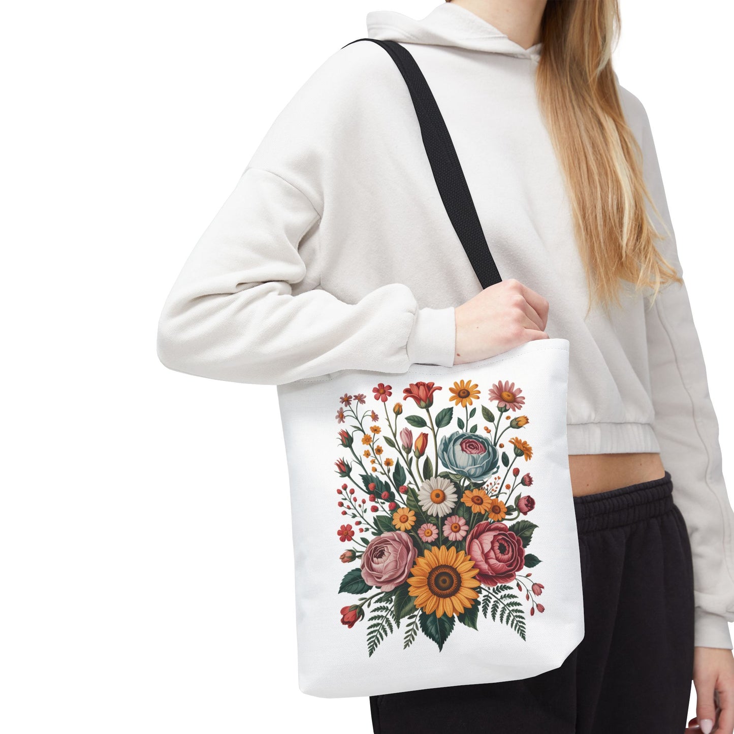 Botanical Vintage Flower Tote Bag showcasing a vibrant collage of vintage floral illustrations, featuring sturdy polyester construction with reinforced handles, perfect for carrying essentials with a touch of nature-inspired elegance.