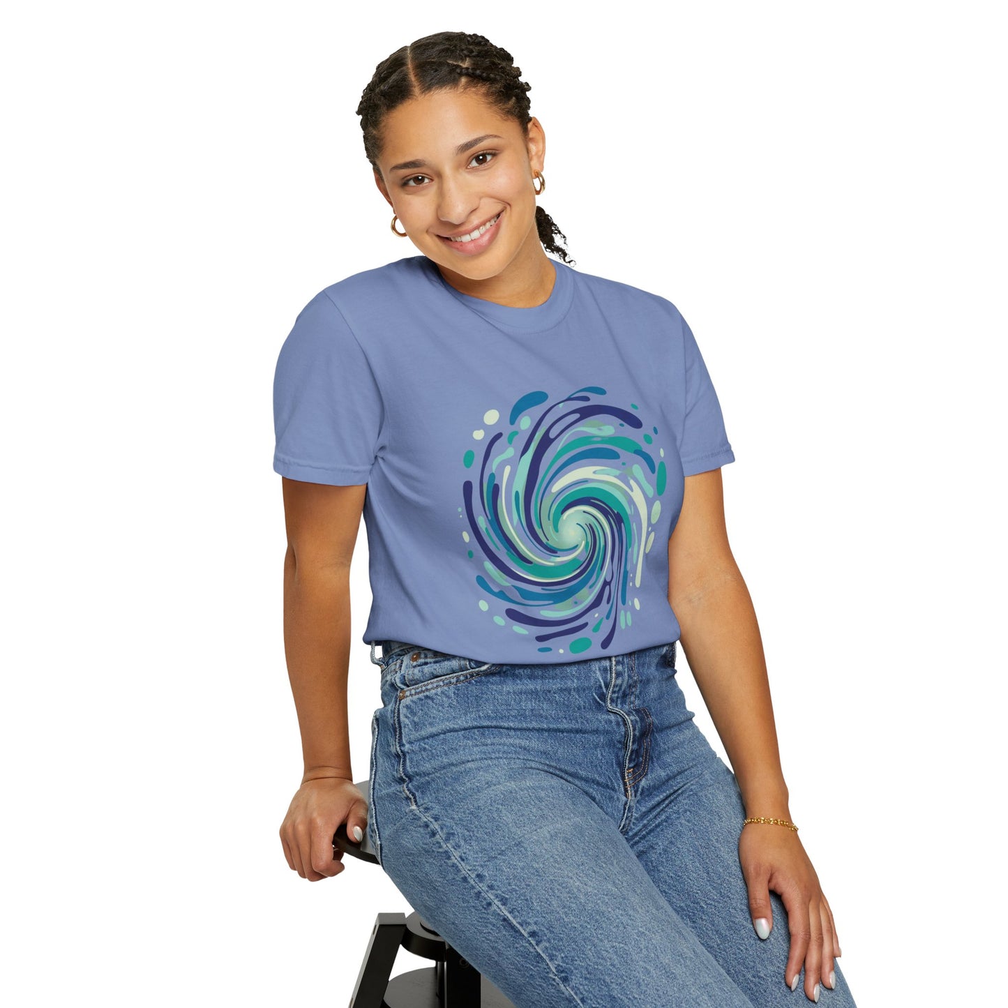 Ocean Waves Abstract T-Shirt featuring swirling vector lines resembling ocean currents, with bubble-like elements, embodies FireBrook Essentials' uplifting, stylish vibe, perfect for casual summer outings.