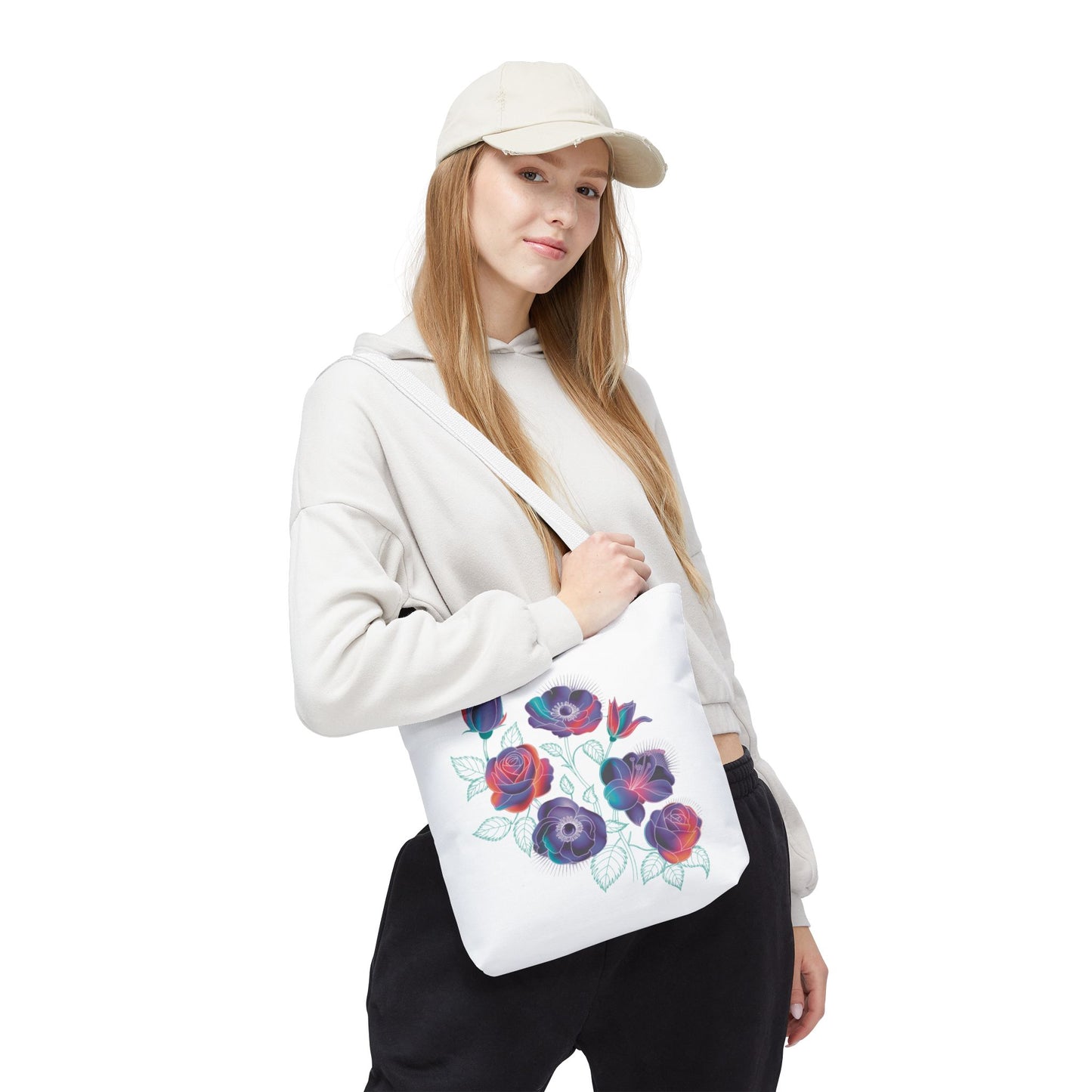 Vibrant Rose, Anemone, Lily Silhouettes Neon Floral Tote Bag features neon floral silhouettes on durable polyester, perfect for adding vibrant style to daily essentials. Ideal for flower lovers and unique design enthusiasts.