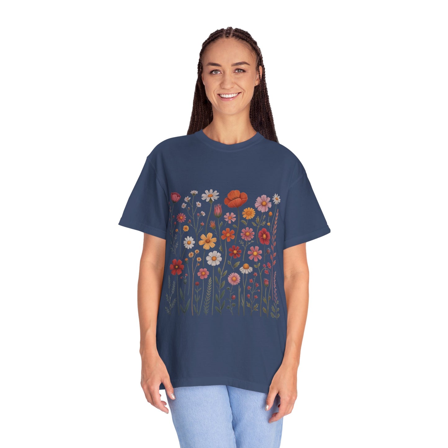 Wildflowers Summer T-Shirt showcasing vibrant floral patterns, ideal for outdoor enthusiasts. Features durable double-needle stitching and soft, garment-dyed fabric, embodying FireBrook Essentials' commitment to comfort and style.