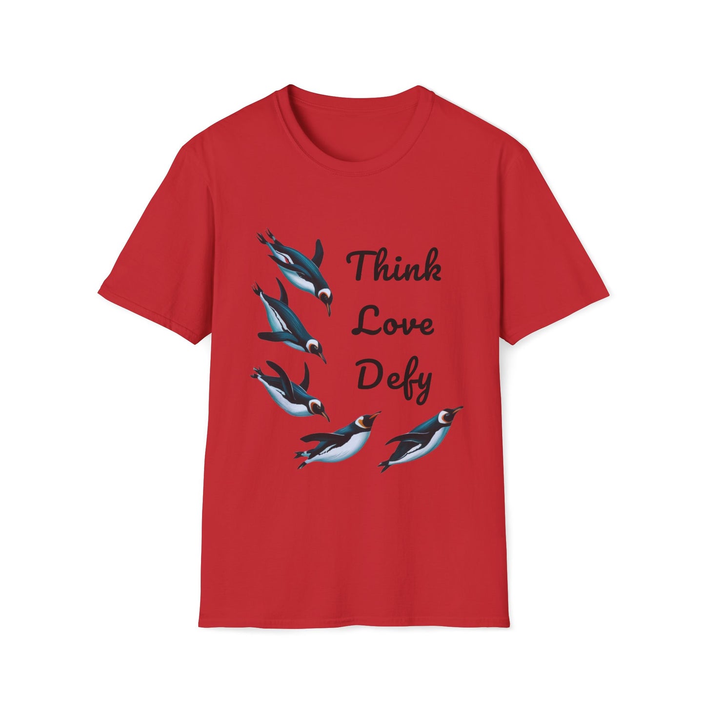 Think Love Defy Penguin Animal Nature Gildan Unisex T-Shirt featuring whimsical penguin designs, ideal for nature enthusiasts and casual wear. Made from eco-friendly cotton, offering comfort and sustainability.