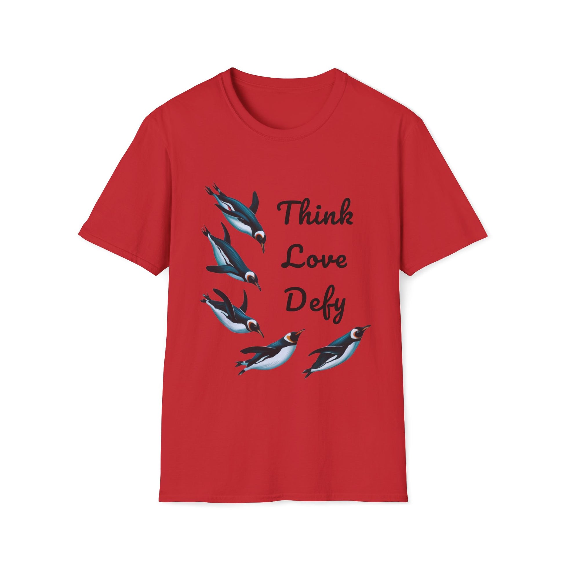 Think Love Defy Penguin Animal Nature Gildan Unisex T-Shirt featuring whimsical penguin designs, ideal for nature enthusiasts and casual wear. Made from eco-friendly cotton, offering comfort and sustainability.