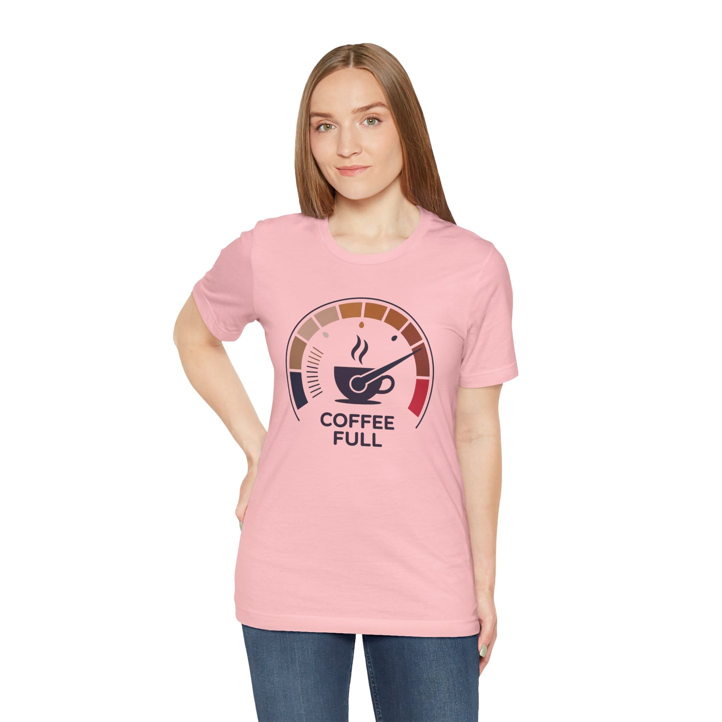 Coffee Full Bella+Canvas Unisex T-Shirt showcased on a woman, highlighting its classic crew neckline and lightweight design, perfect for coffee lovers seeking stylish comfort from FireBrook Essentials.
