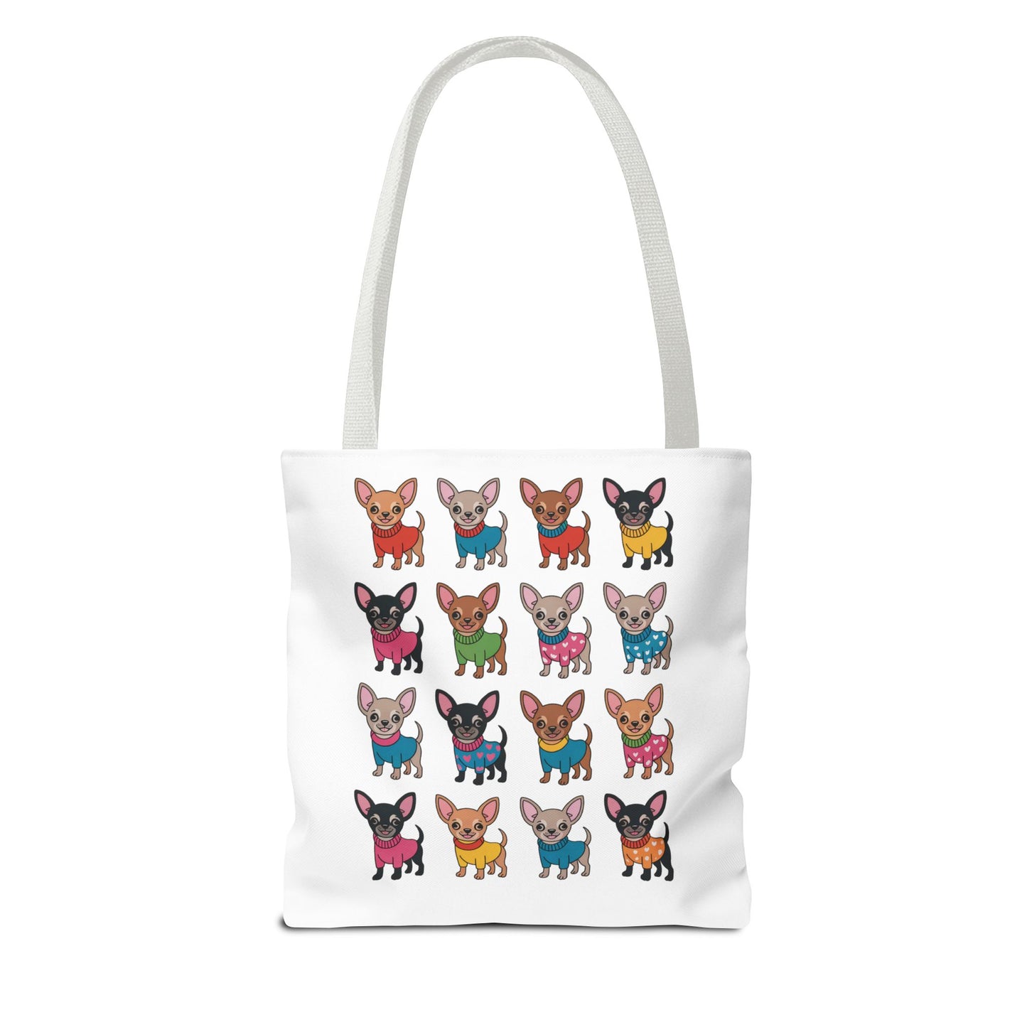 Chihuahua with Wardrobe Portraits Tote Bag featuring cute dog illustrations in various outfits, perfect for dog lovers seeking a unique, durable tote for errands or gifting occasions.